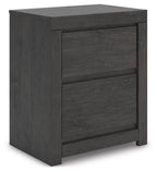 Dark gray nightstand with two stacked drawers and simple straight legs