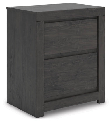 Dark gray nightstand with two stacked drawers and simple straight legs