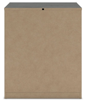 Tan nightstand cabinet with flat top and small square cutout handle detail