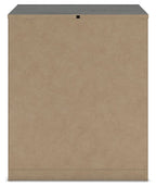 Tan nightstand cabinet with flat top and small square cutout handle detail