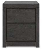 Dark gray two-drawer nightstand with stacked drawer fronts and recessed pulls
