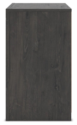 Dark gray nightstand cabinet with flat top and four short legs