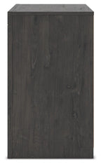 Dark gray nightstand cabinet with flat top and four short legs