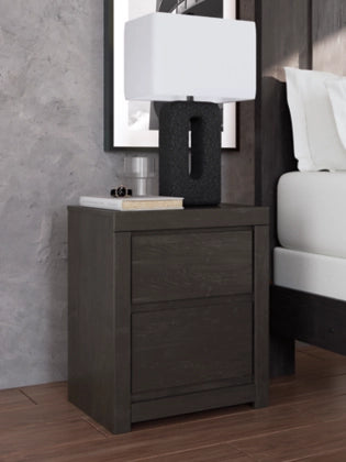 Two-drawer night stand with dark wood finish and square tabletop.