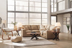 Two-tone sectional sofa with track-style arms and tufted back, tan and cream upholstery