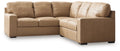 Two-tone upholstered sectional sofa with square arms and cushioned seating in tan and cream