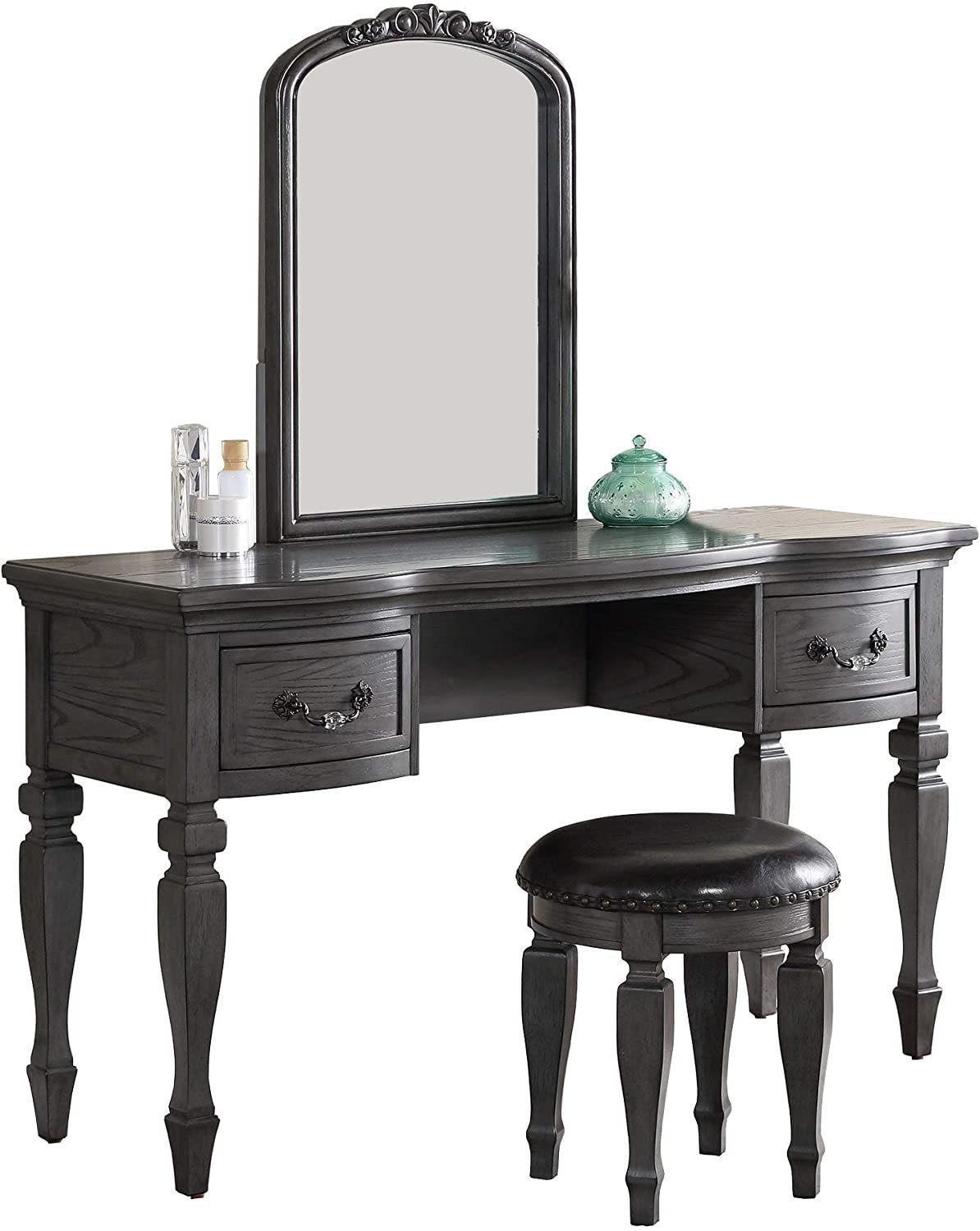 Bedroom Classic Vanity Set Wooden Carved Mirror Stool Drawers Antique Grey Finish-American Furniture Outlet