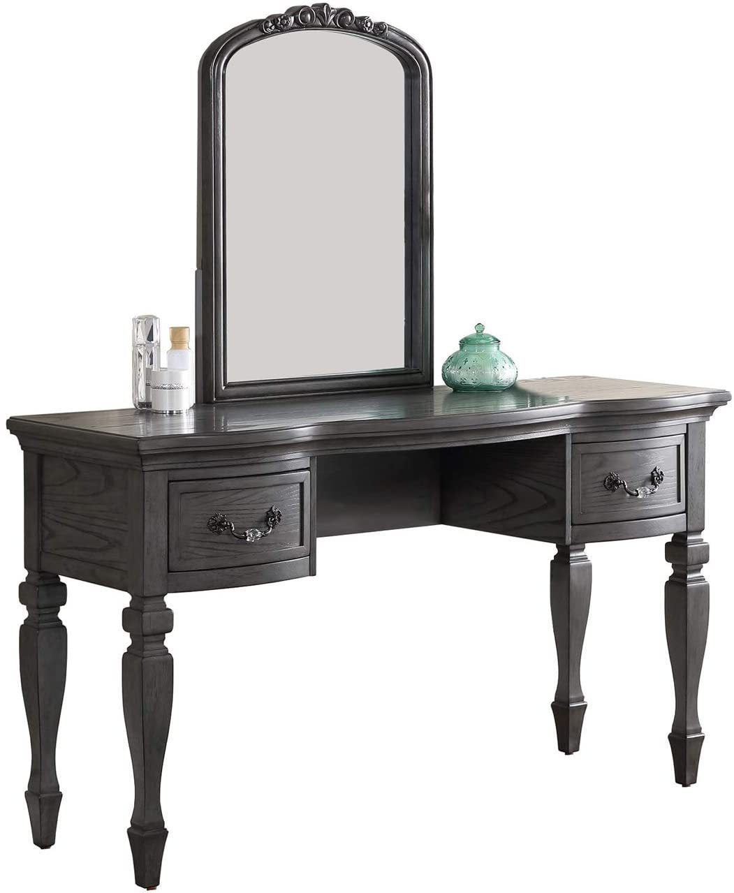 Bedroom Classic Vanity Set Wooden Carved Mirror Stool Drawers Antique Grey Finish-American Furniture Outlet