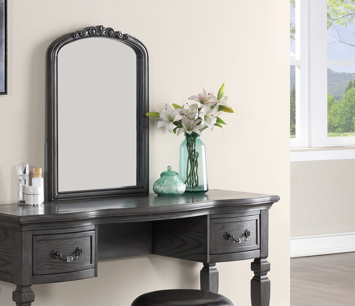 Bedroom Classic Vanity Set Wooden Carved Mirror Stool Drawers Antique Grey Finish-American Furniture Outlet