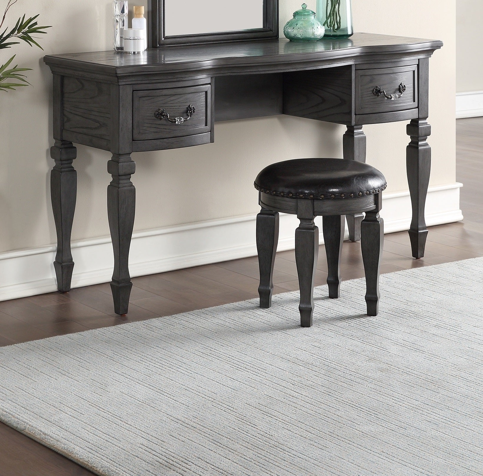 Bedroom Classic Vanity Set Wooden Carved Mirror Stool Drawers Antique Grey Finish-American Furniture Outlet