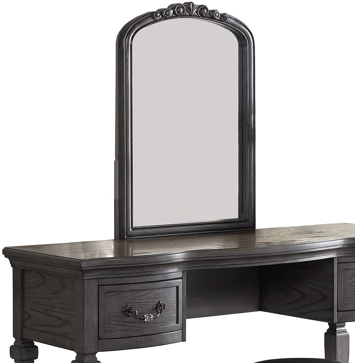 Bedroom Classic Vanity Set Wooden Carved Mirror Stool Drawers Antique Grey Finish-American Furniture Outlet