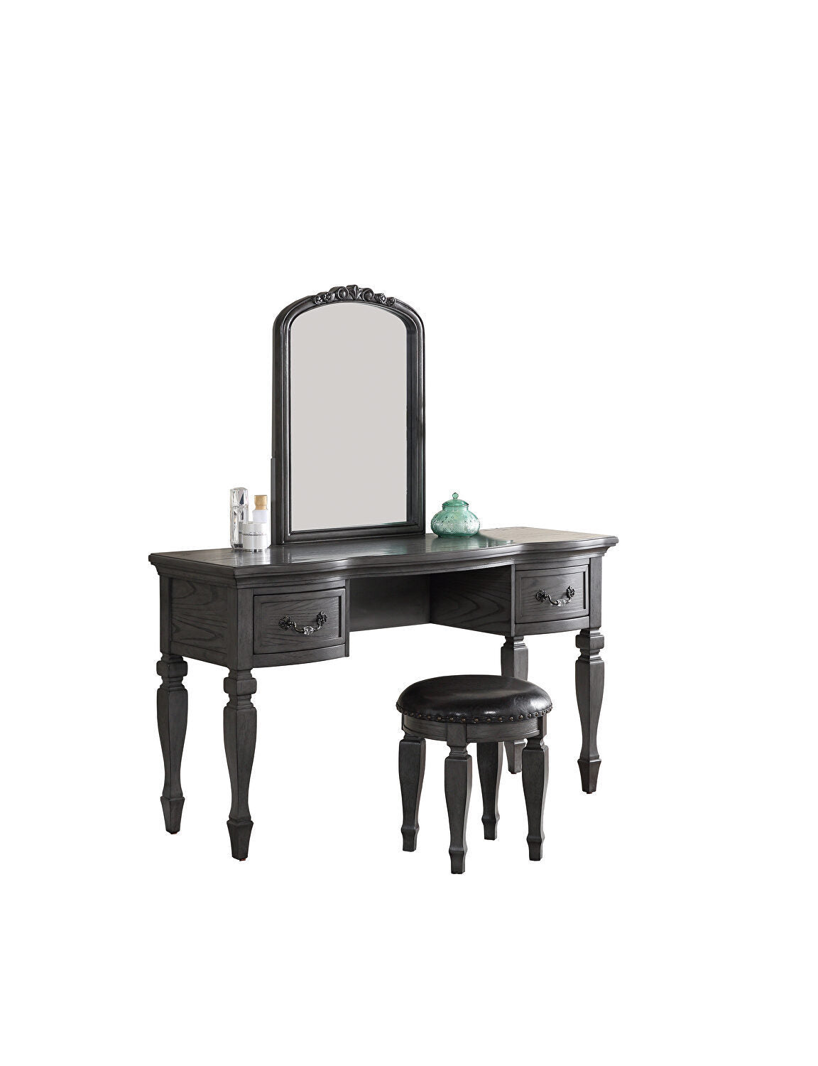 Bedroom Classic Vanity Set Wooden Carved Mirror Stool Drawers Antique Grey Finish-American Furniture Outlet