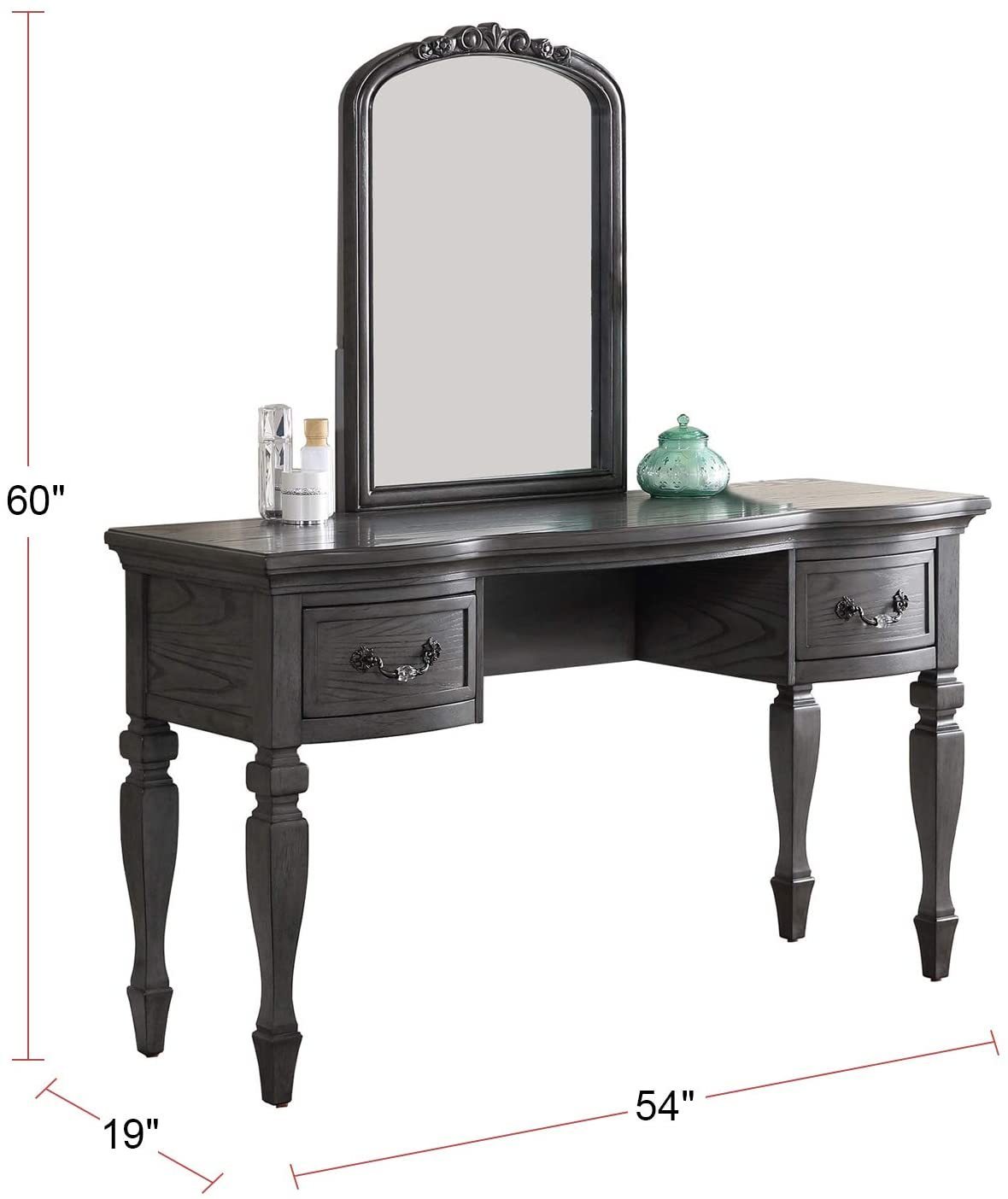 Bedroom Classic Vanity Set Wooden Carved Mirror Stool Drawers Antique Grey Finish-American Furniture Outlet