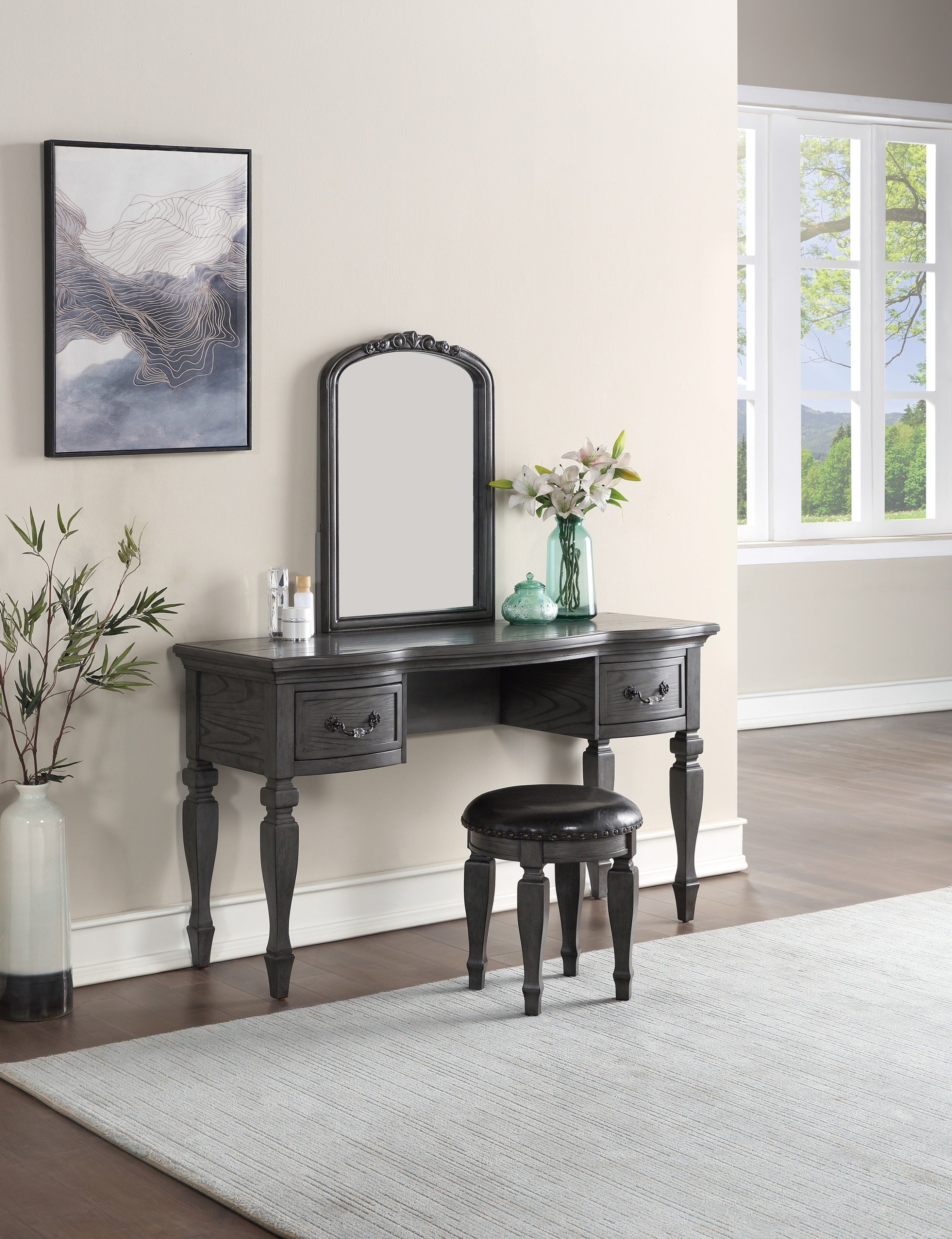 Bedroom Classic Vanity Set Wooden Carved Mirror Stool Drawers Antique Grey Finish-American Furniture Outlet