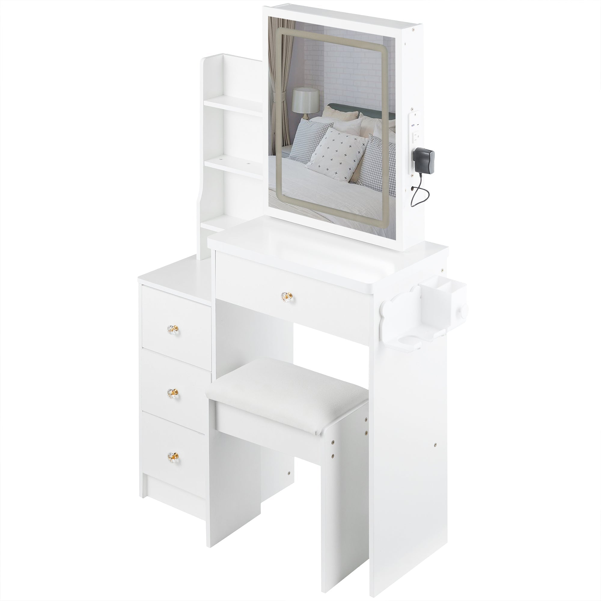 Bedside Vanity Table w/ Stool, LED Mirror & Power Station-American Furniture Outlet