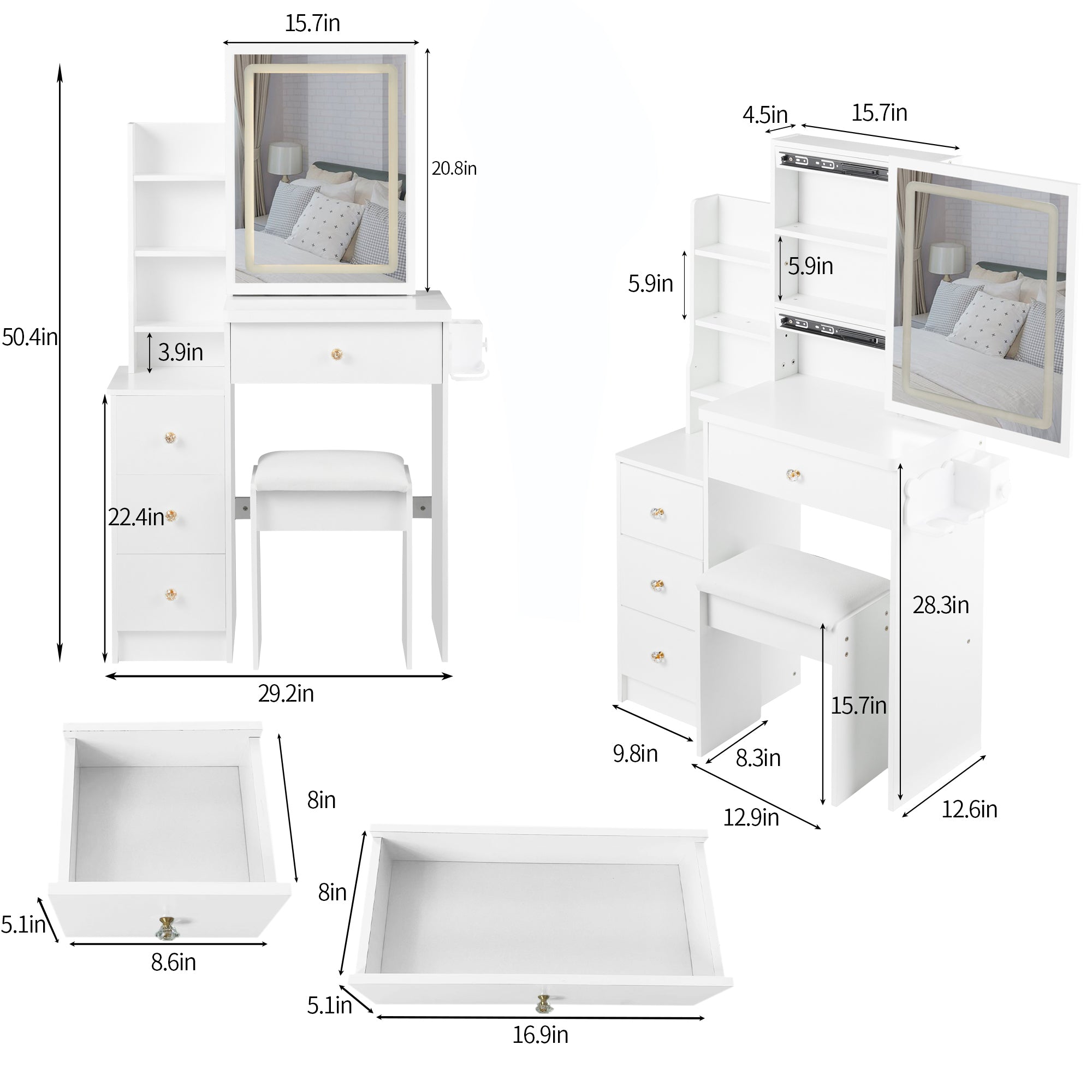 Bedside Vanity Table w/ Stool, LED Mirror & Power Station-American Furniture Outlet