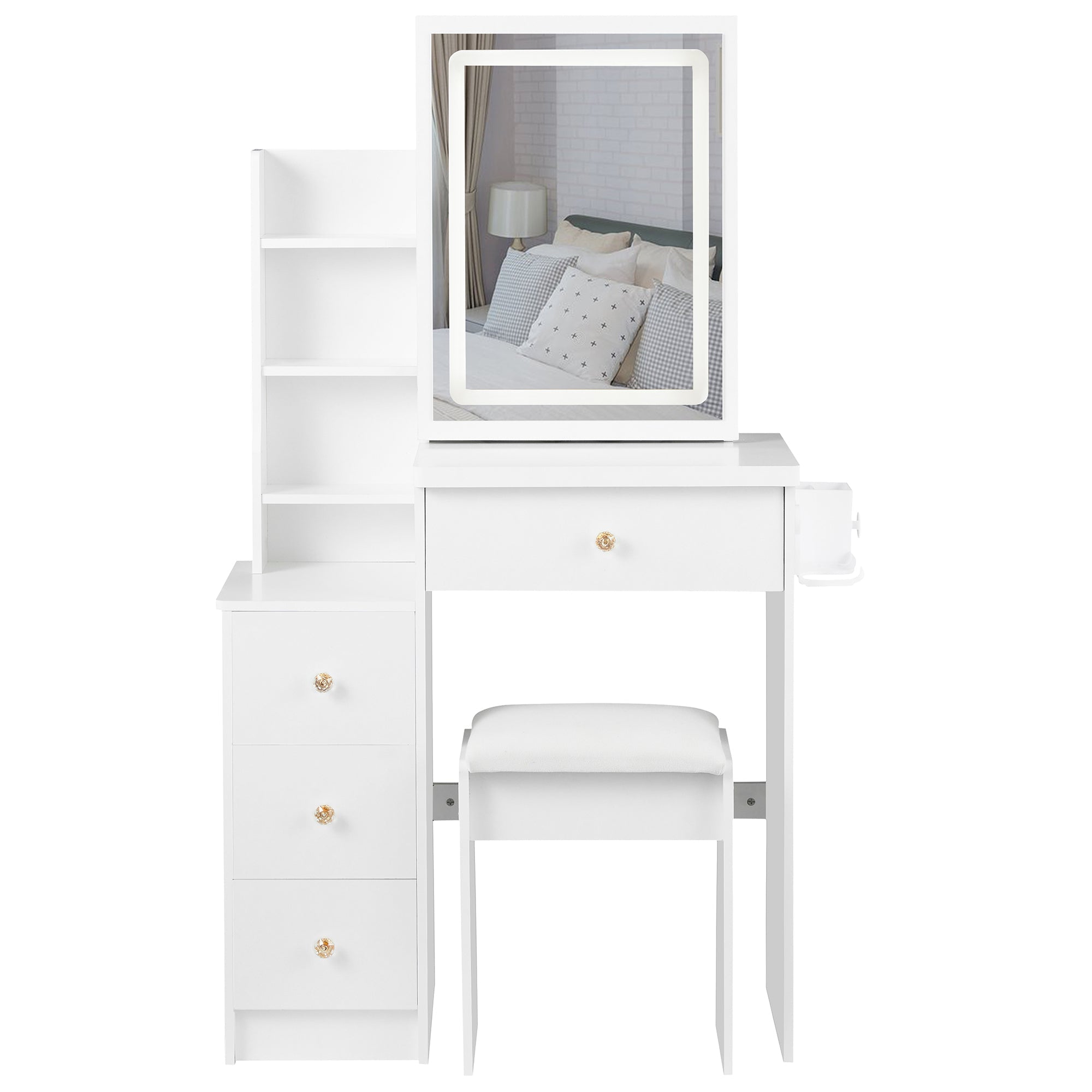 Bedside Vanity Table w/ Stool, LED Mirror & Power Station-American Furniture Outlet