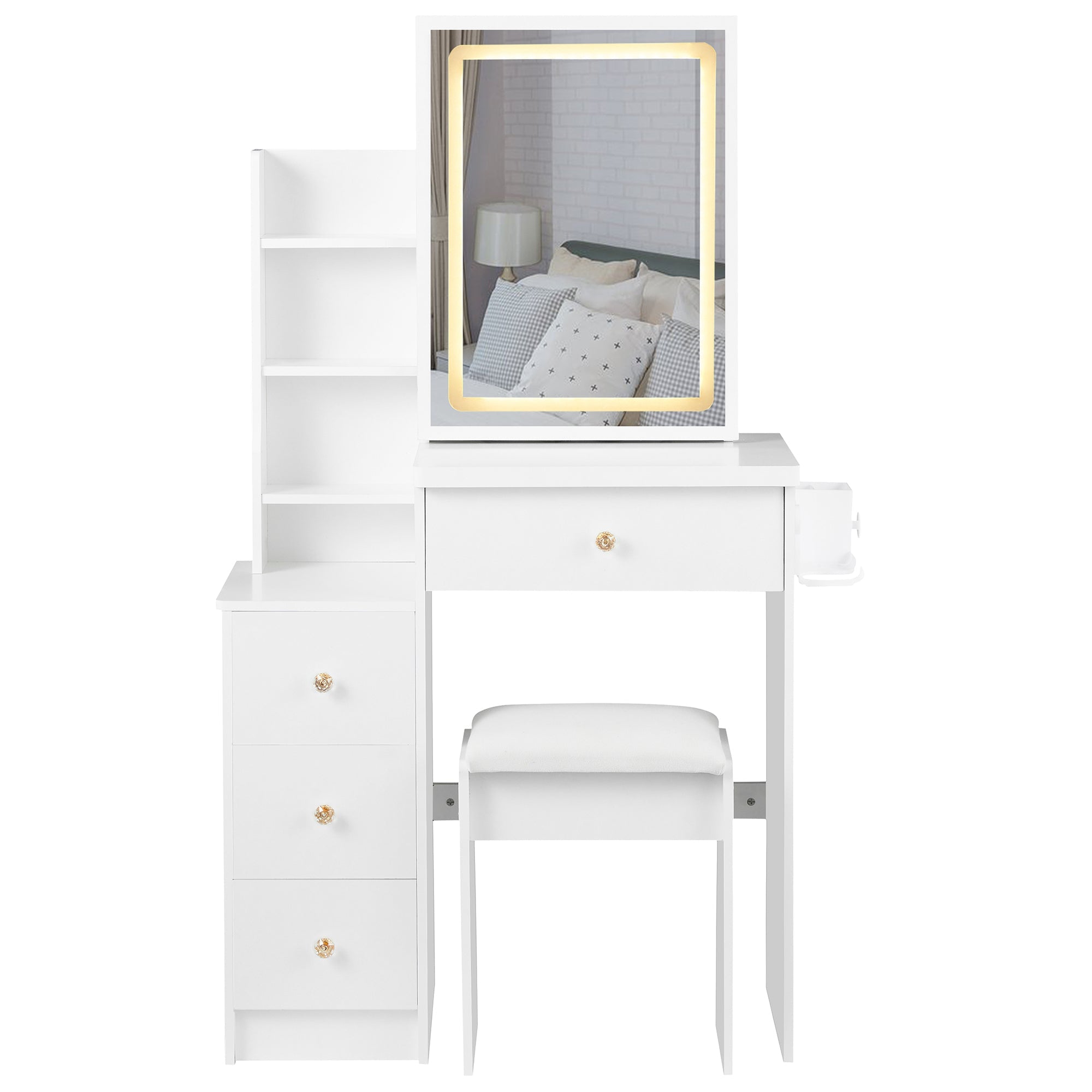 Bedside Vanity Table w/ Stool, LED Mirror & Power Station-American Furniture Outlet