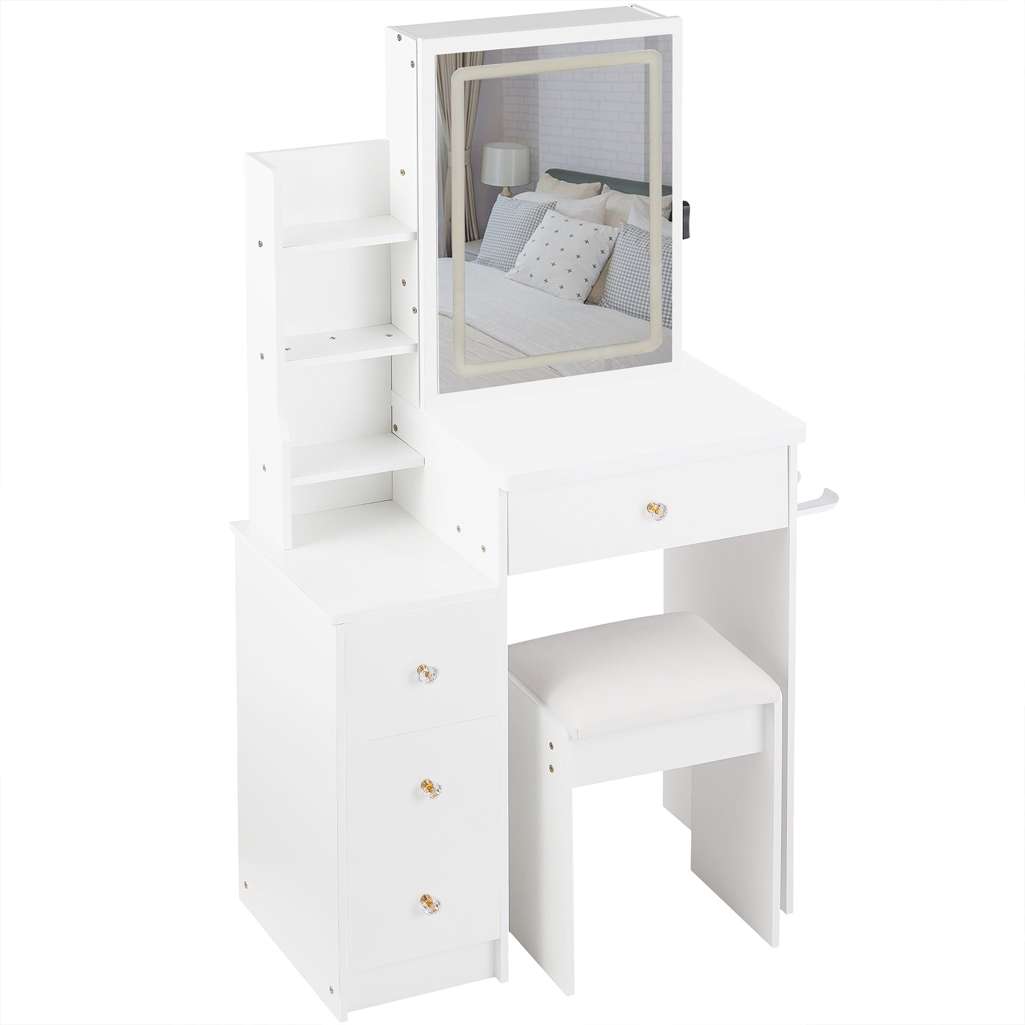 Bedside Vanity Table w/ Stool, LED Mirror & Power Station-American Furniture Outlet