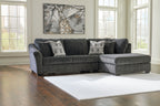 Dark gray sectional sofa with chaise corner and four accent pillows in light gray