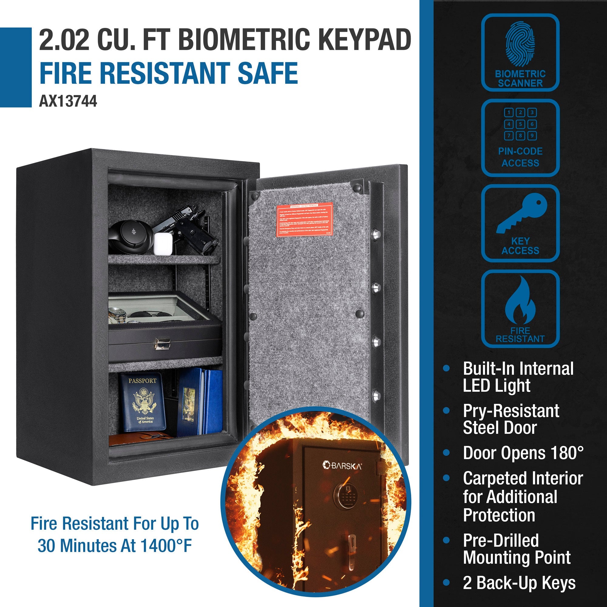 Biometric Fire Safe 2.02 cu ft - Keypad, Waterproof-American Furniture Outlet