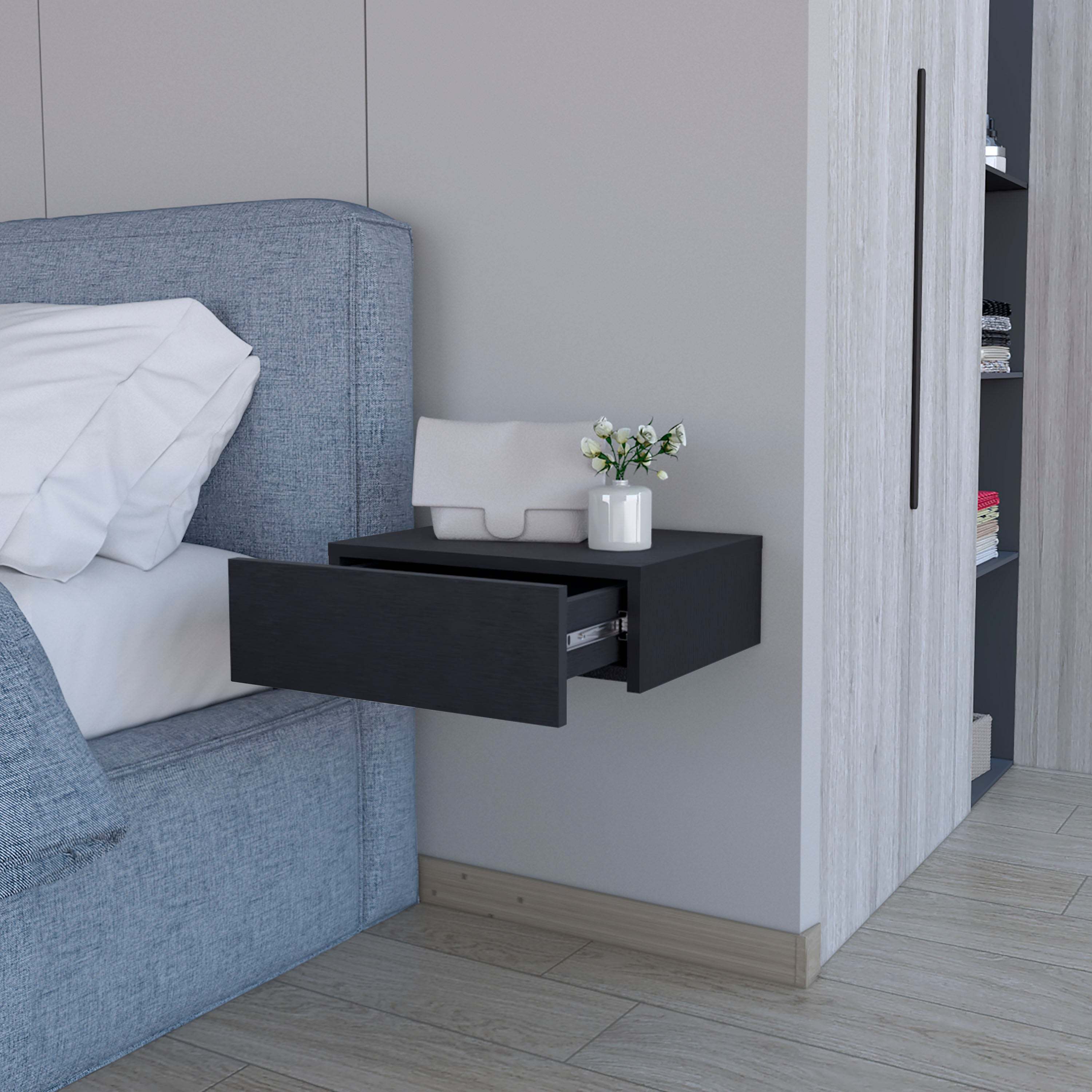 Black Floating Nightstand Wall Mount (30" Modern Bedside Table)-American Furniture Outlet