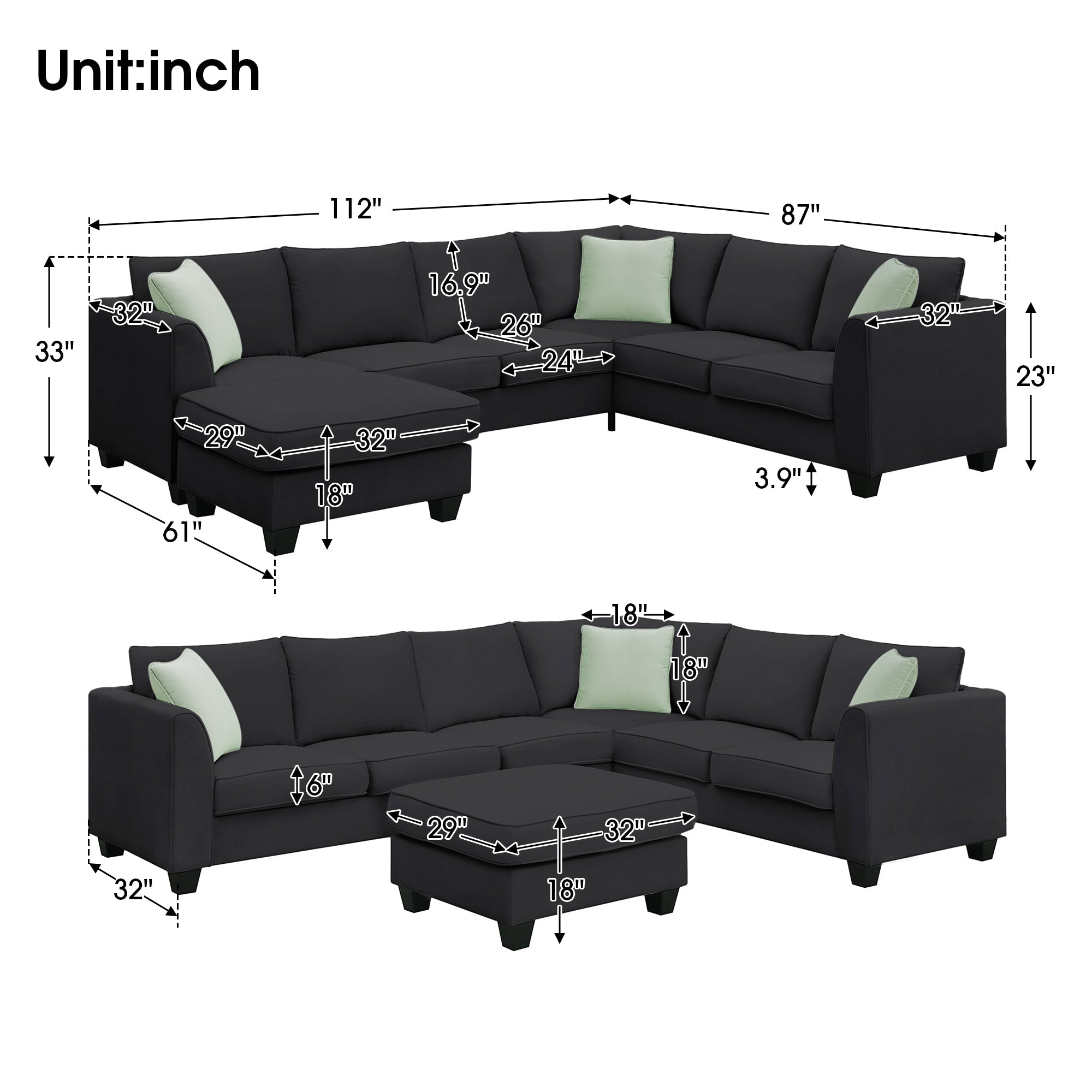 Black Modular Sectional Sofa w/ Storage Ottoman-American Furniture Outlet -American Furniture Outlet