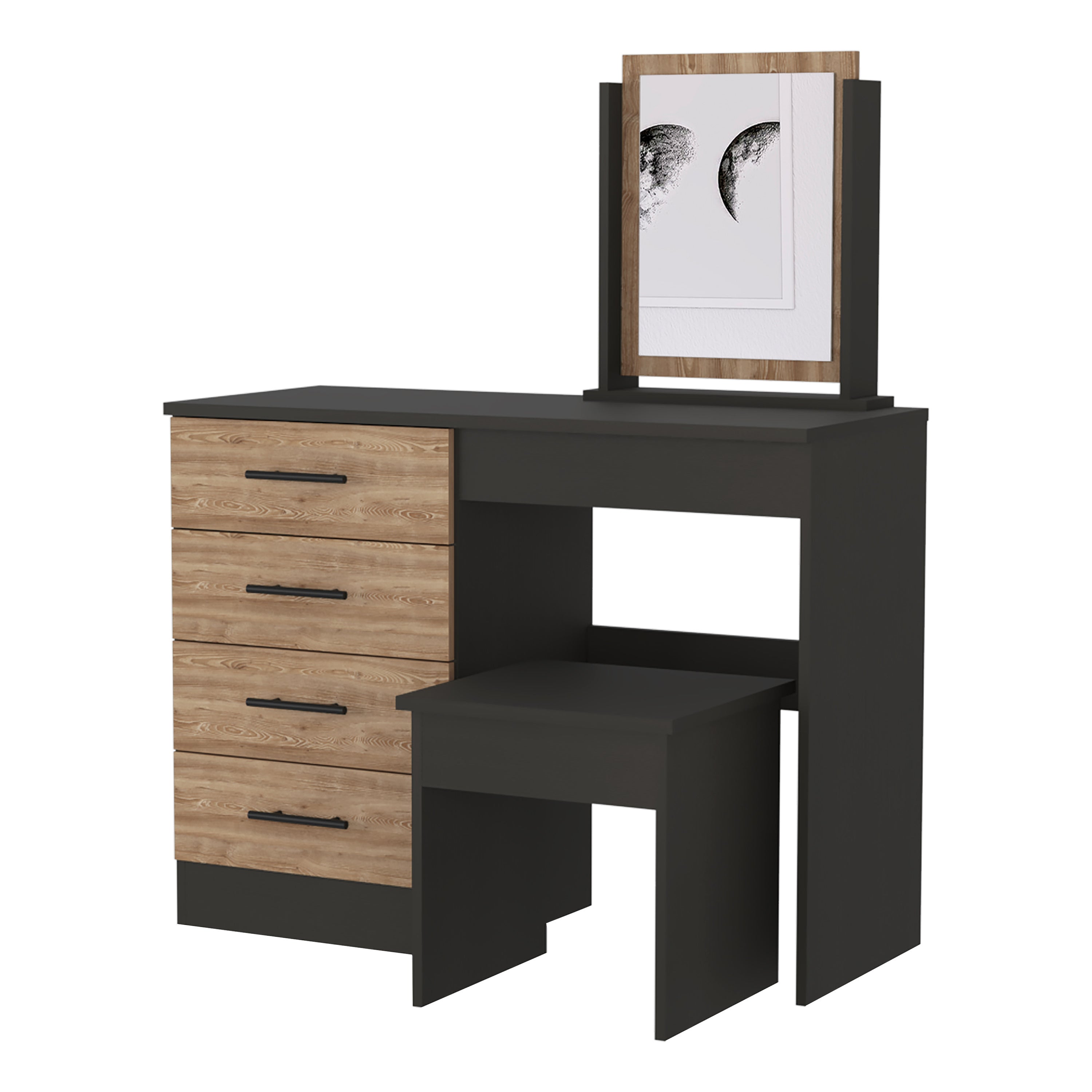 Black & Pine Vanity Set | 4-Drawer Makeup Table w/ Stool-American Furniture Outlet