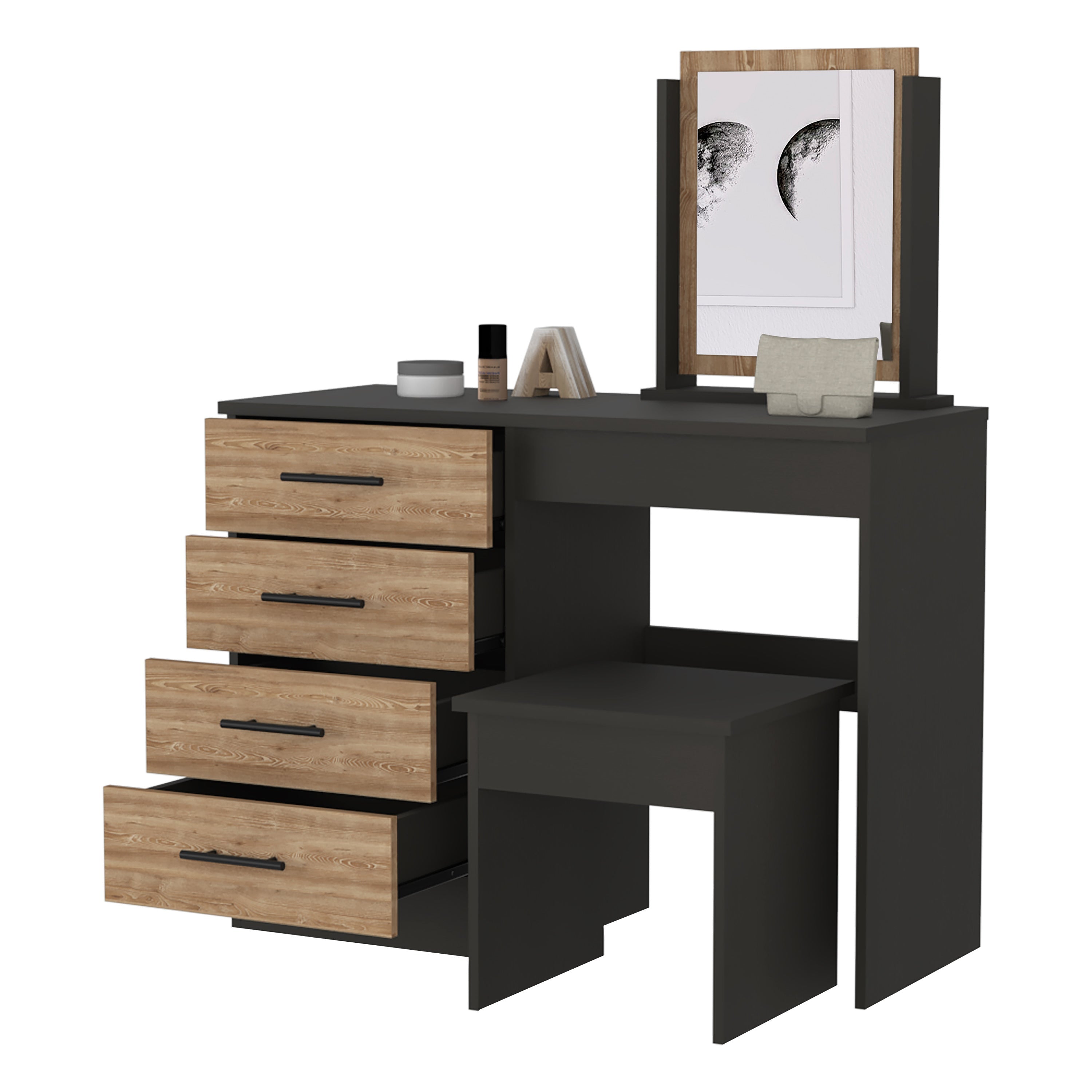 Black & Pine Vanity Set | 4-Drawer Makeup Table w/ Stool-American Furniture Outlet