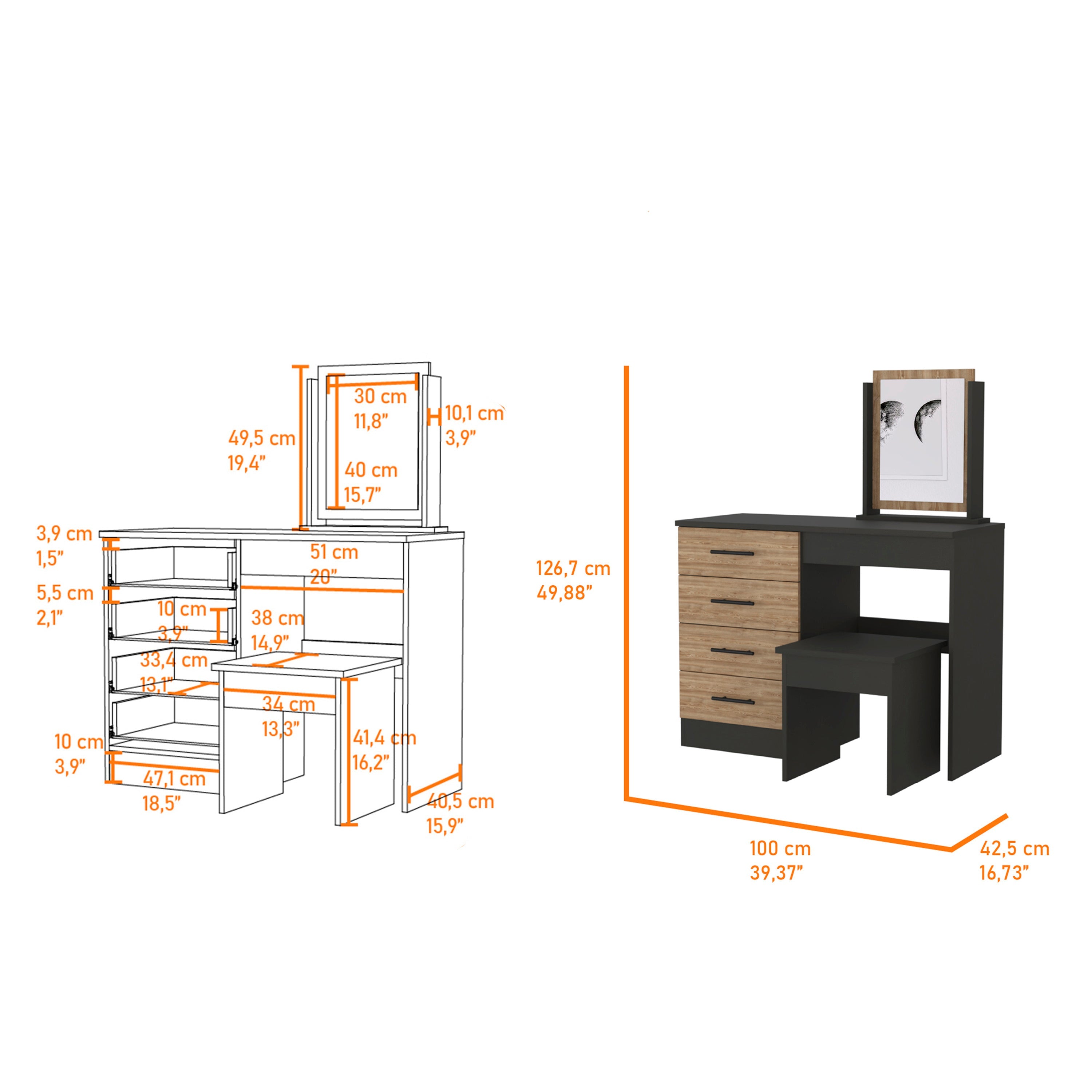 Black & Pine Vanity Set | 4-Drawer Makeup Table w/ Stool-American Furniture Outlet