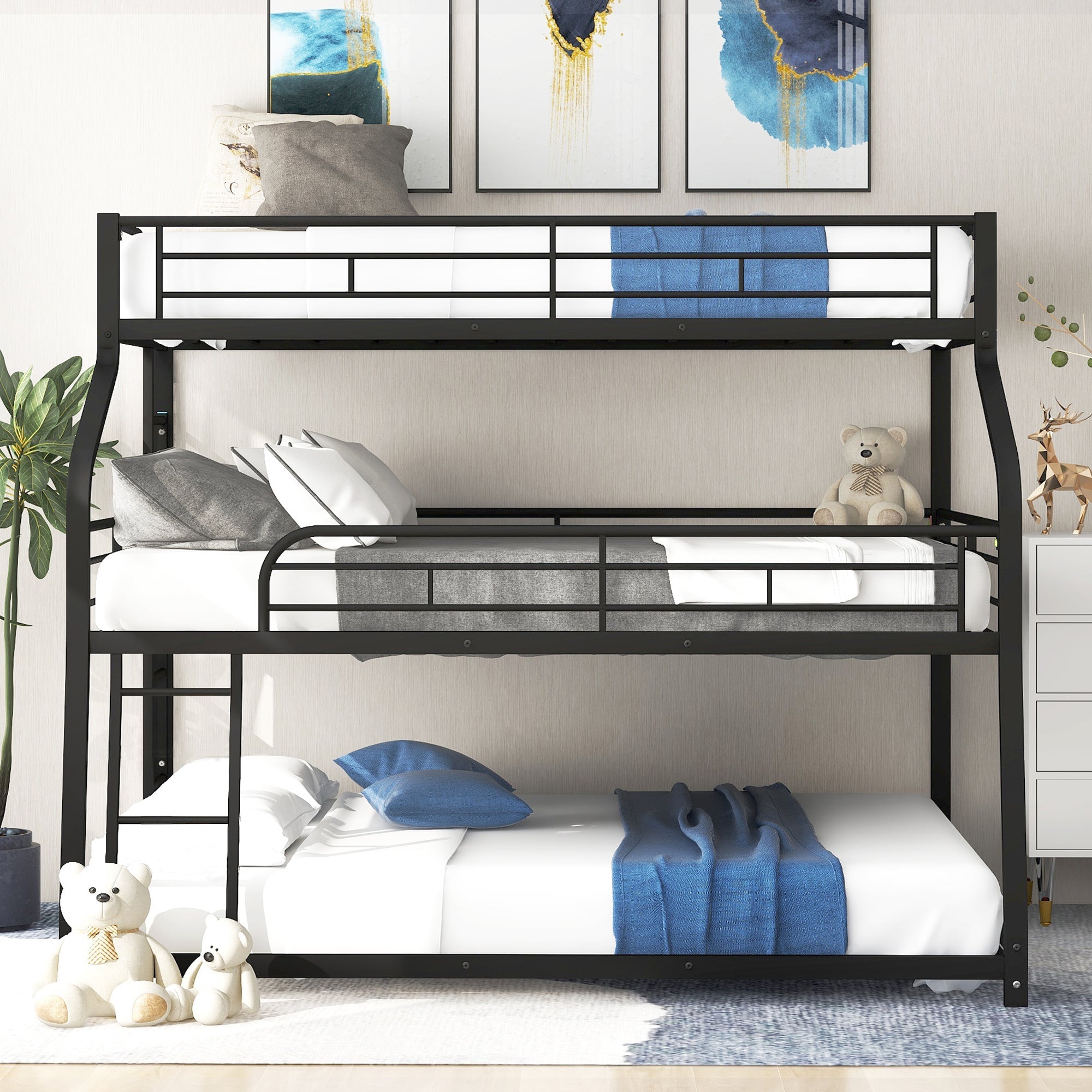 Black Twin XL/Full XL Over Queen Triple Bunk Bed with Long and Short Ladder and Full-Length Guardrails-American Furniture Outlet