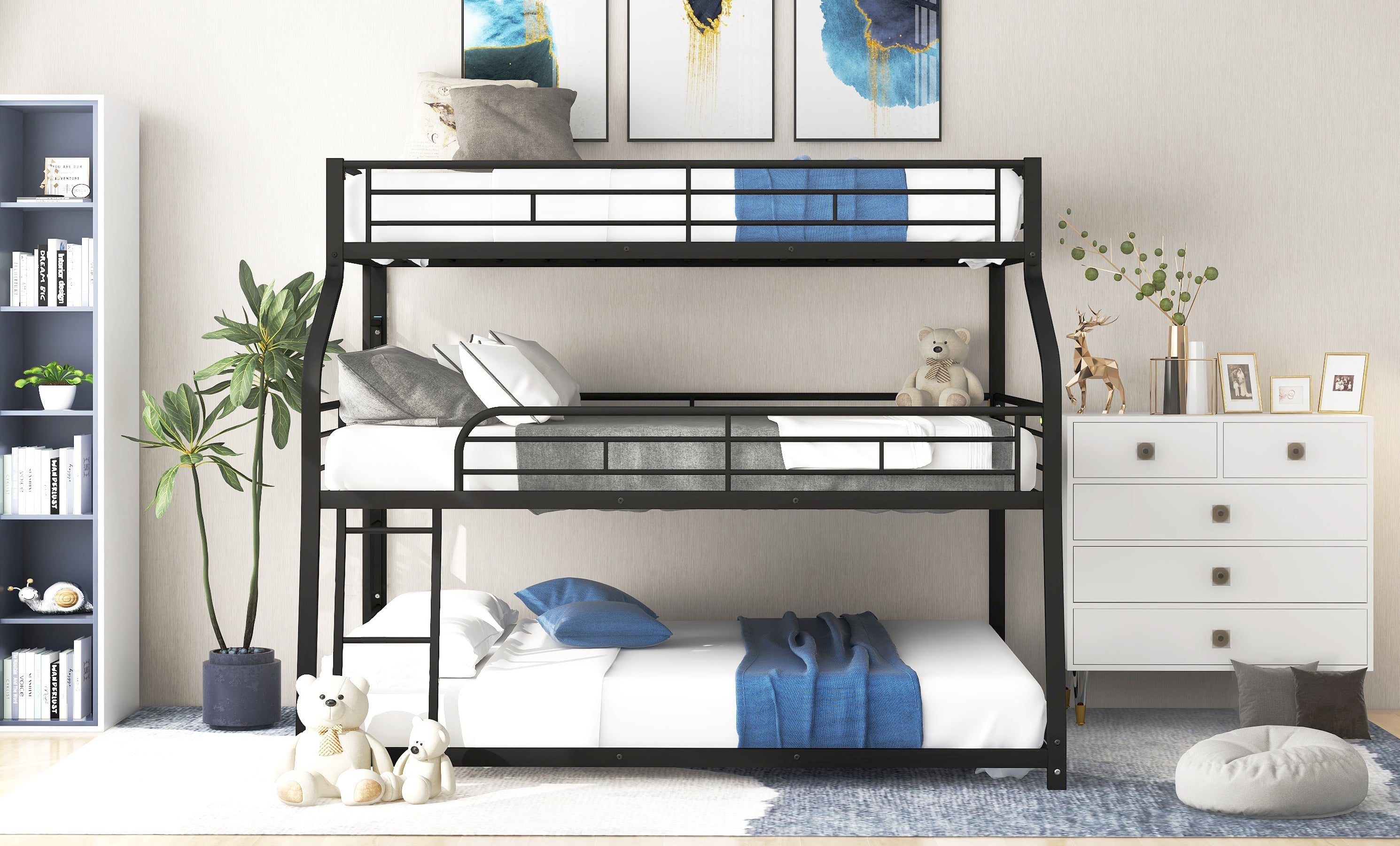 Black Twin XL/Full XL Over Queen Triple Bunk Bed with Long and Short Ladder and Full-Length Guardrails-American Furniture Outlet