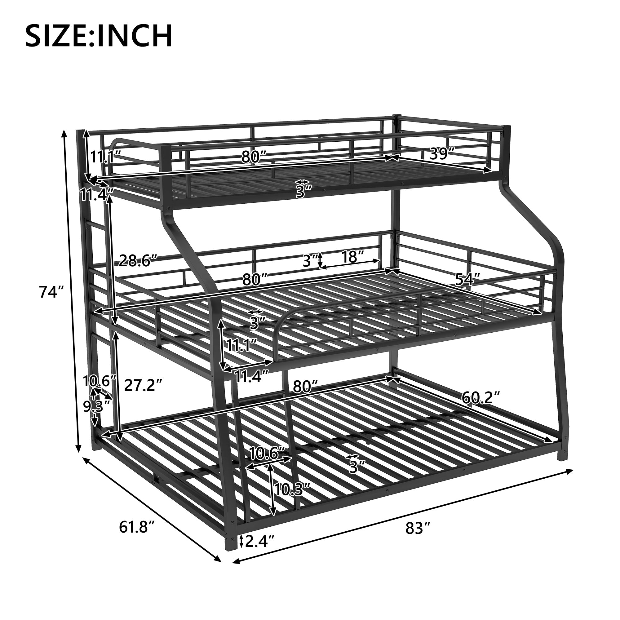 Black Twin XL/Full XL Over Queen Triple Bunk Bed with Long and Short Ladder and Full-Length Guardrails-American Furniture Outlet