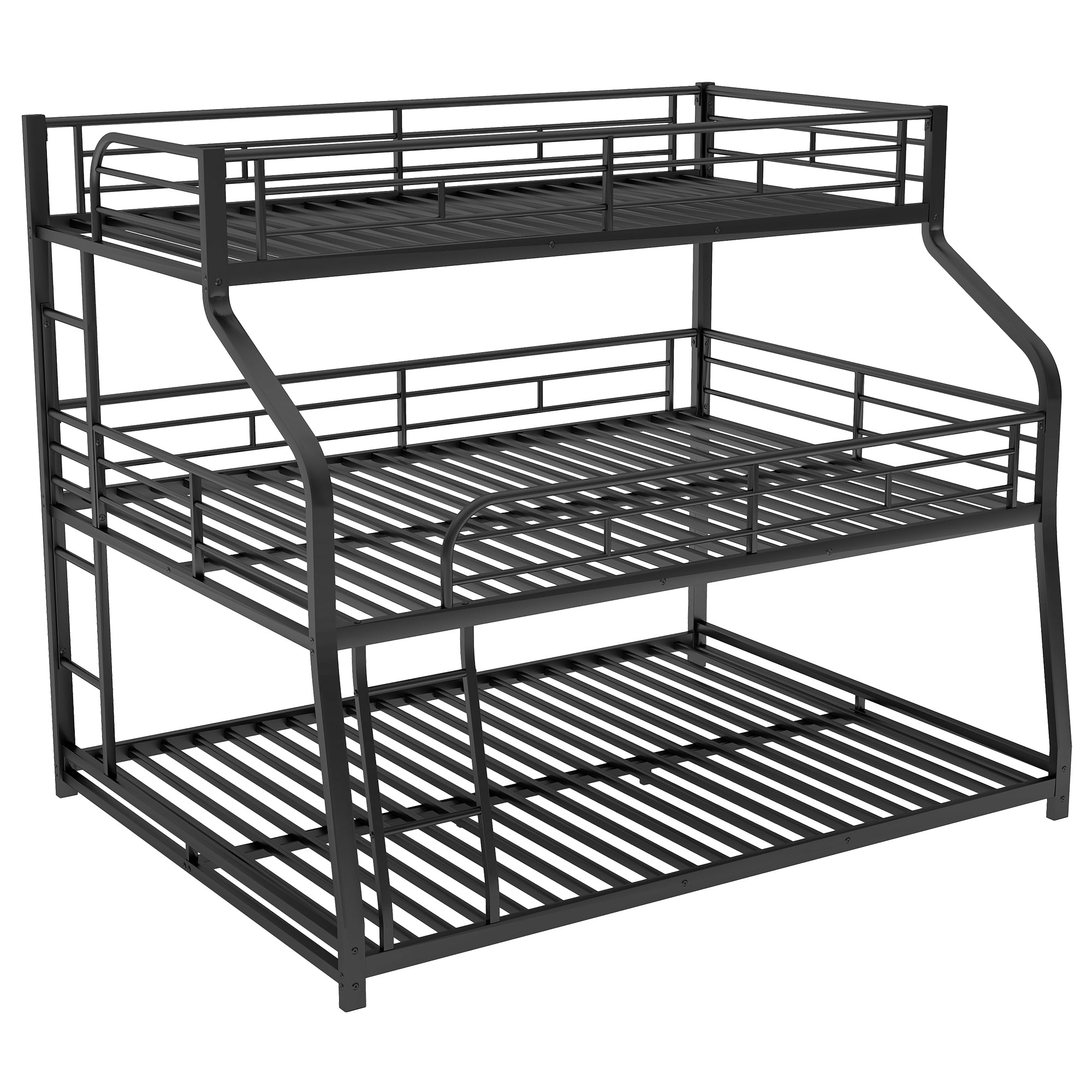 Black Twin XL/Full XL Over Queen Triple Bunk Bed with Long and Short Ladder and Full-Length Guardrails-American Furniture Outlet