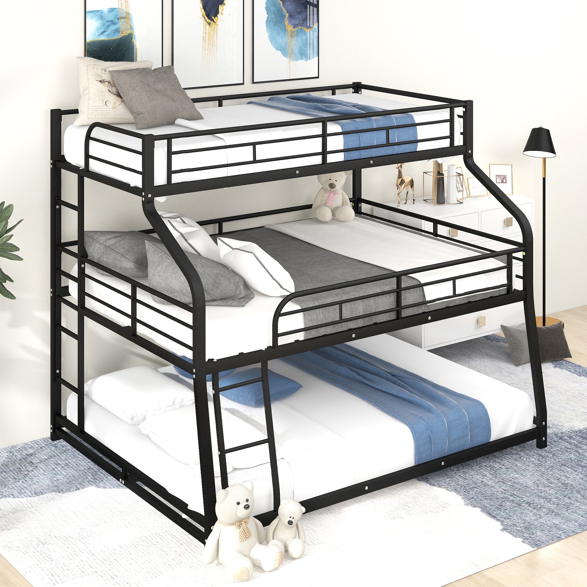 Black Twin XL/Full XL Over Queen Triple Bunk Bed with Long and Short Ladder and Full-Length Guardrails-American Furniture Outlet