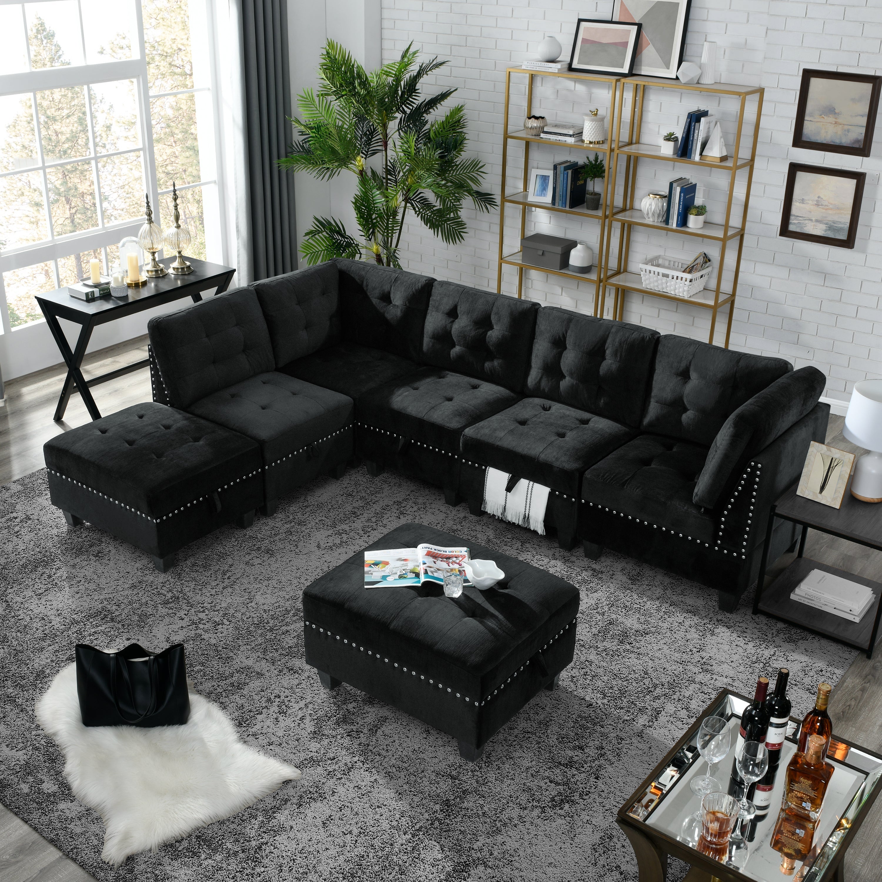 Black Velvet L-Shape Sectional Sofa with Ottomans - DIY Modular Sofa-American Furniture Outlet -American Furniture Outlet