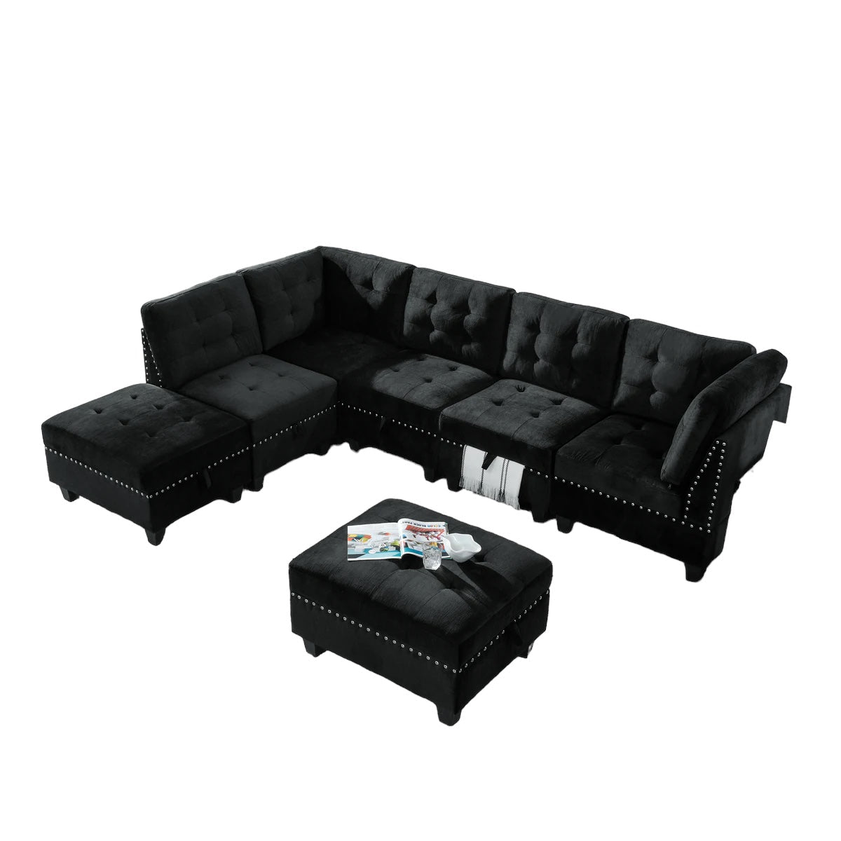 Black Velvet L-Shape Sectional Sofa with Ottomans - DIY Modular Sofa-American Furniture Outlet -American Furniture Outlet