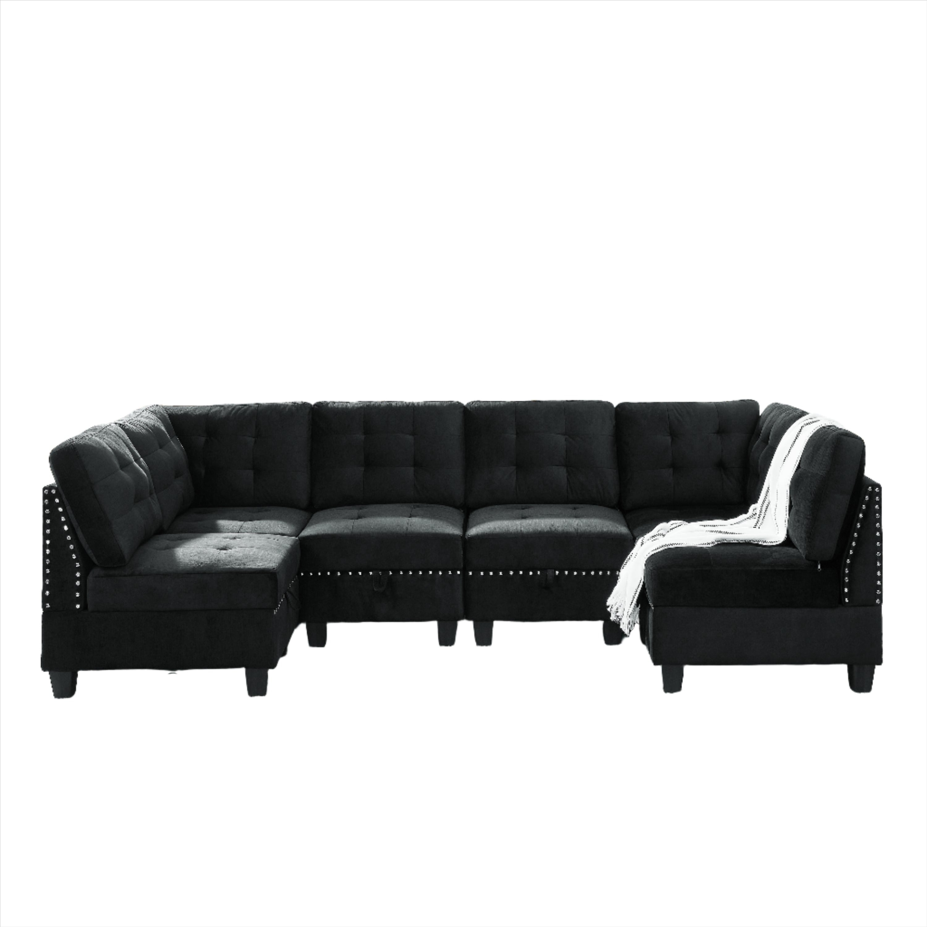 Black Velvet U-Shaped Modular Sectional Sofa with 4 Chairs & 2 Corners-American Furniture Outlet -American Furniture Outlet