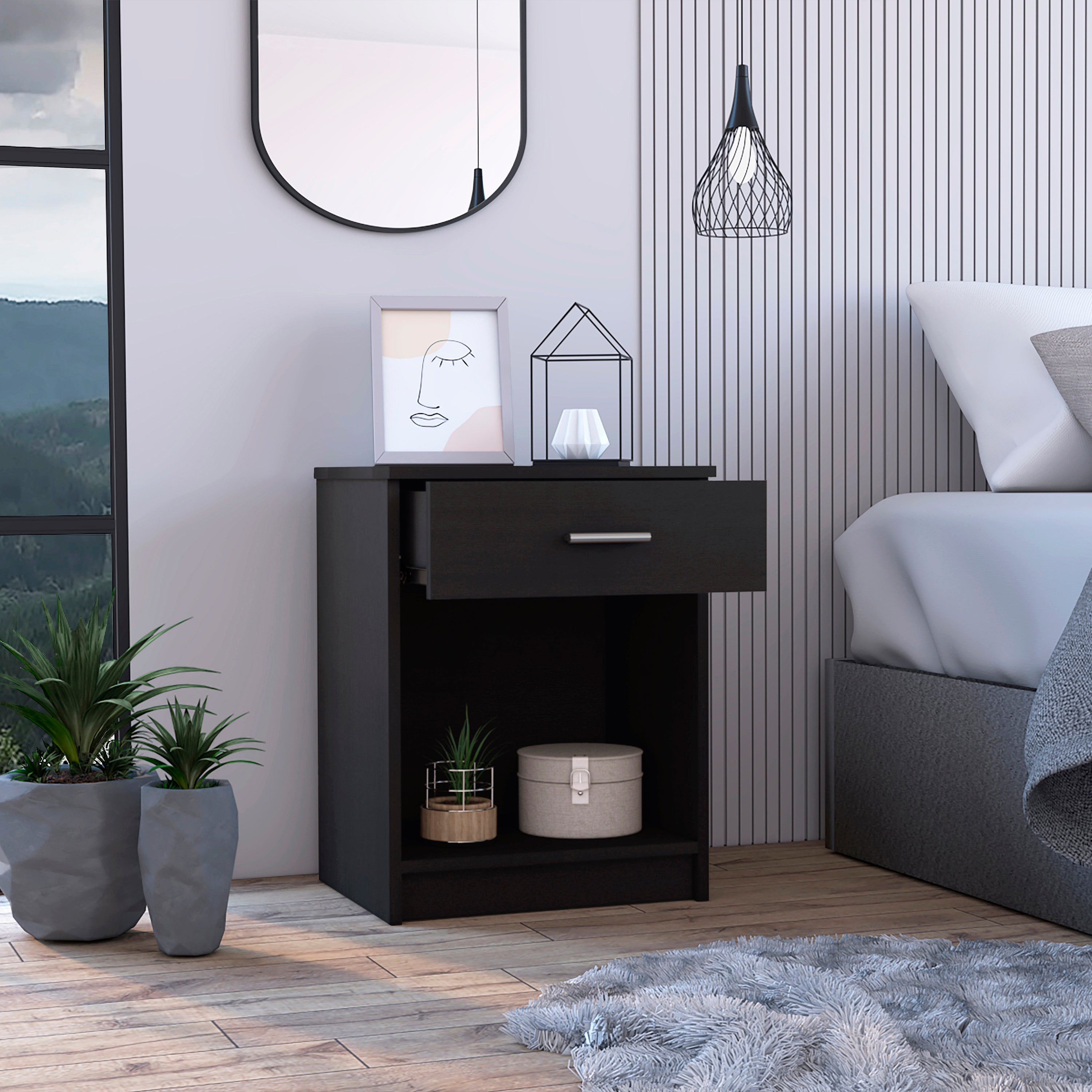 Black Wengue Nightstand w/ Drawer & Shelf-American Furniture Outlet