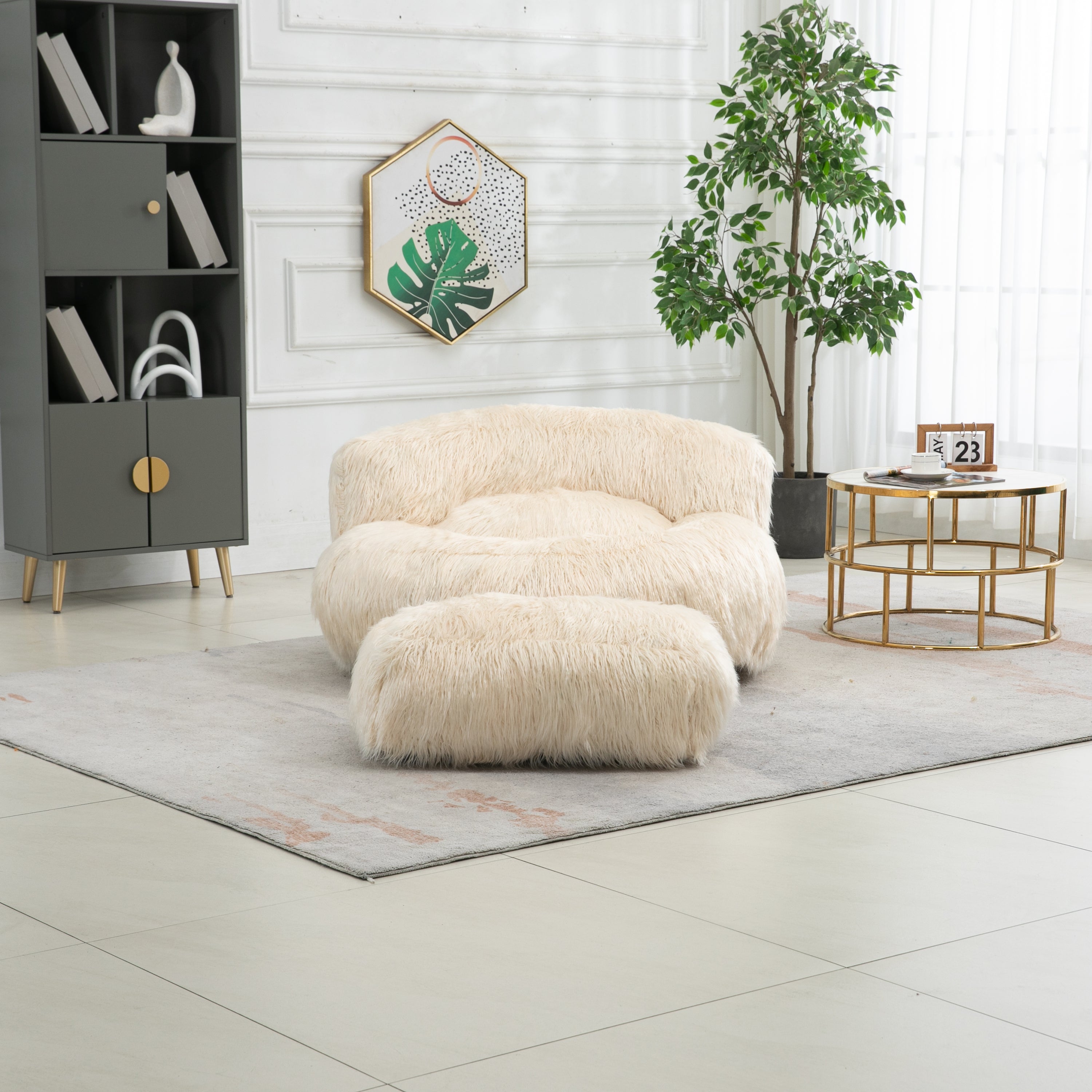 COOLMORE Bean Bag Chair with Ottoman - Beige-American Furniture Outlet