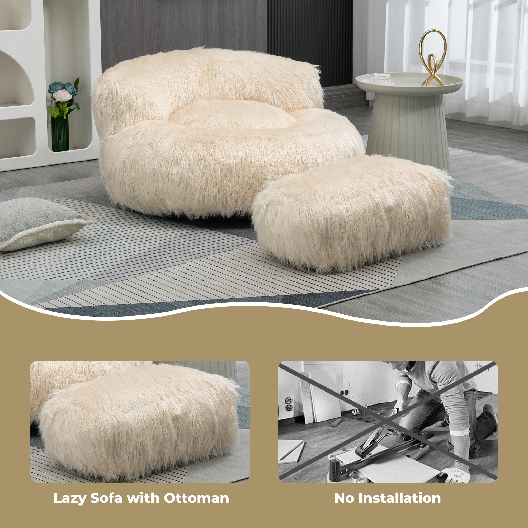 COOLMORE Bean Bag Chair with Ottoman - Beige-American Furniture Outlet