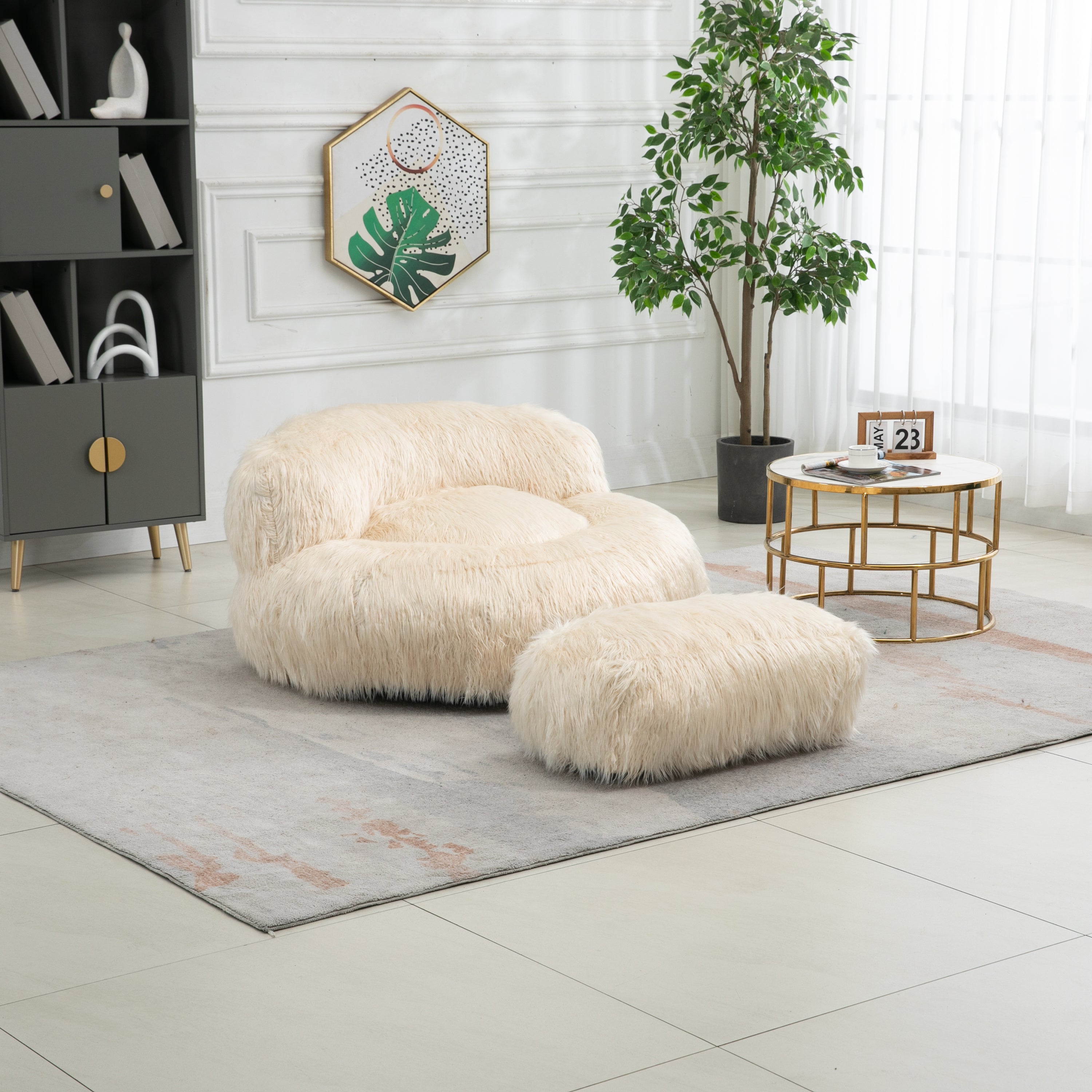 COOLMORE Bean Bag Chair with Ottoman - Beige-American Furniture Outlet