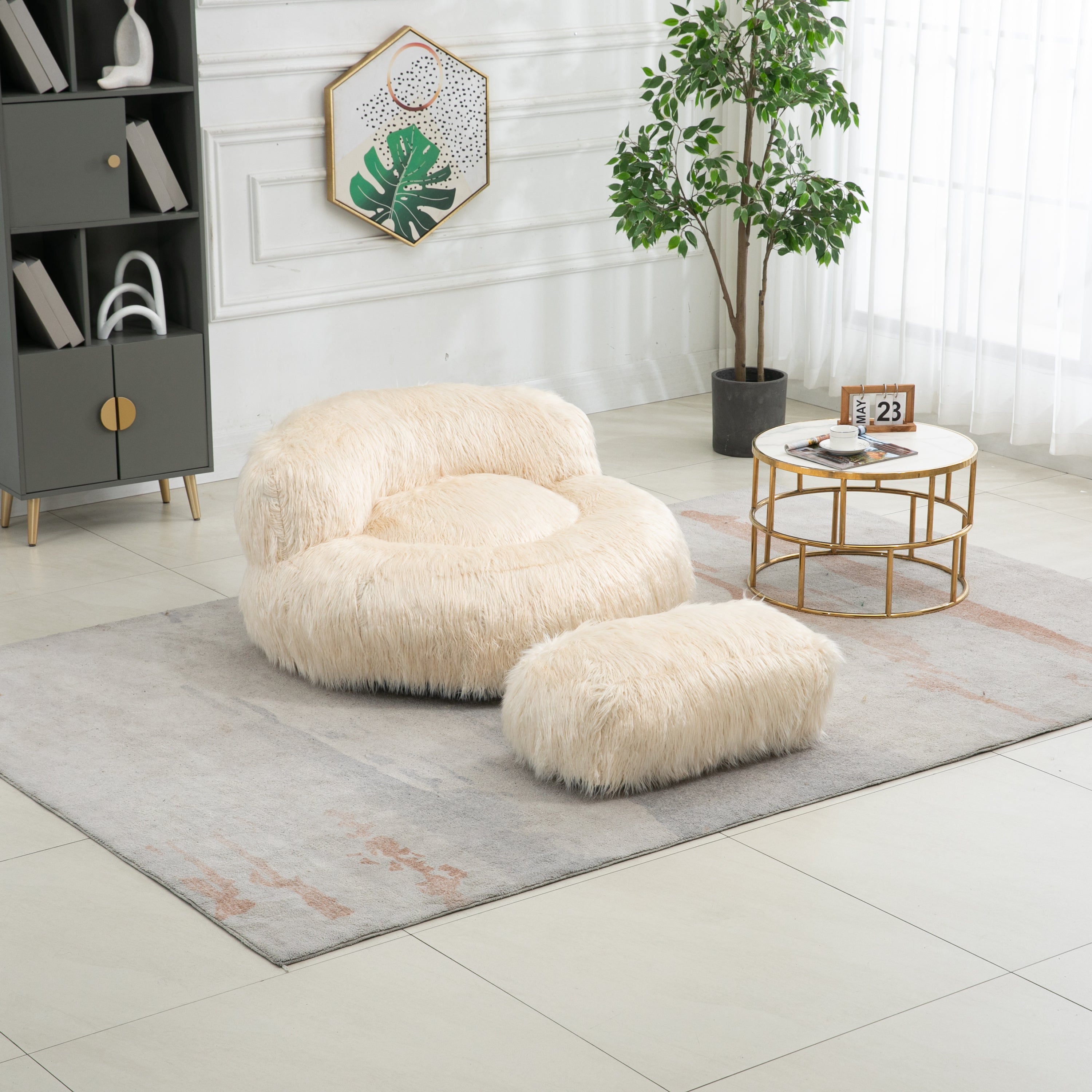 COOLMORE Bean Bag Chair with Ottoman - Beige-American Furniture Outlet