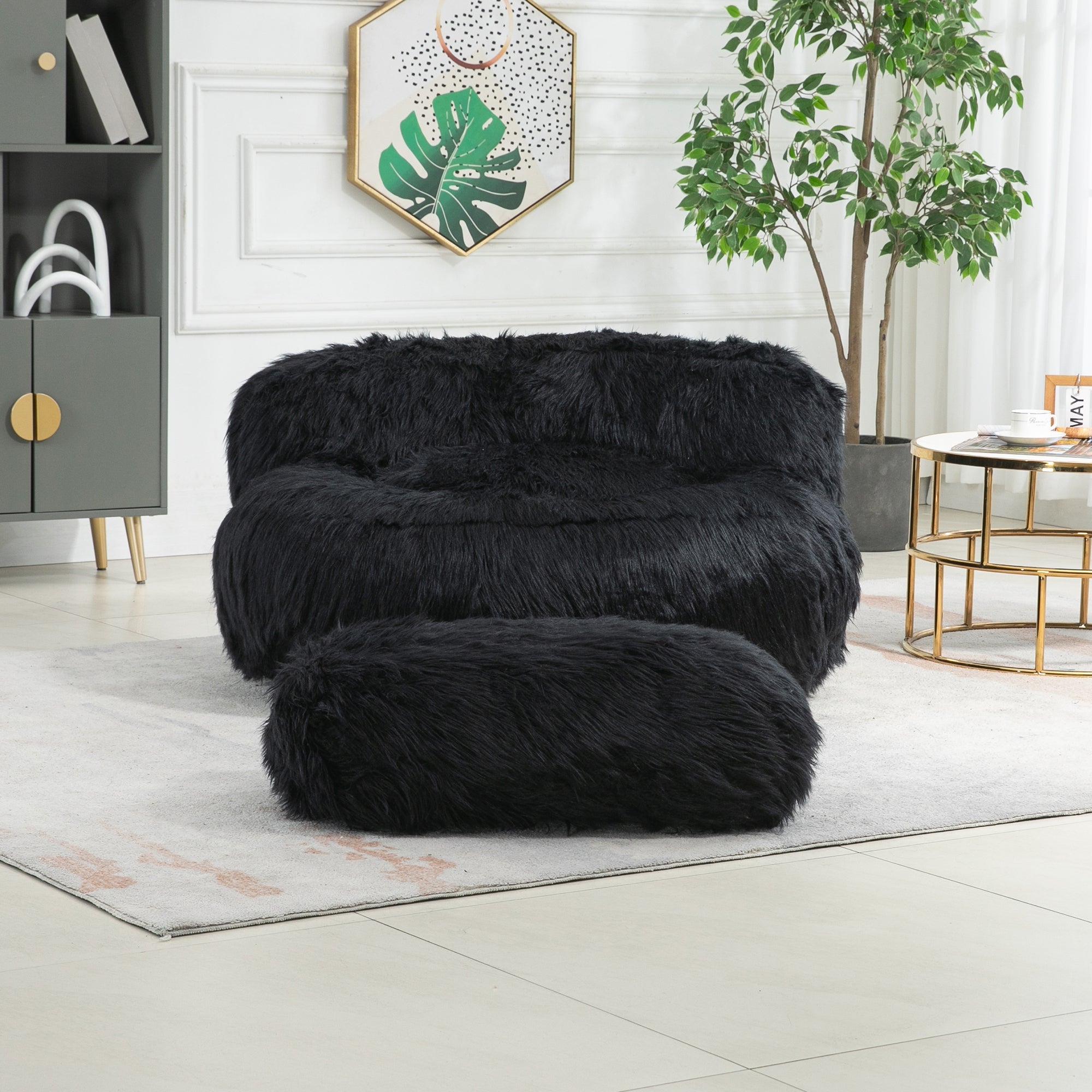 COOLMORE Bean Bag Chair with Ottoman - Black-American Furniture Outlet