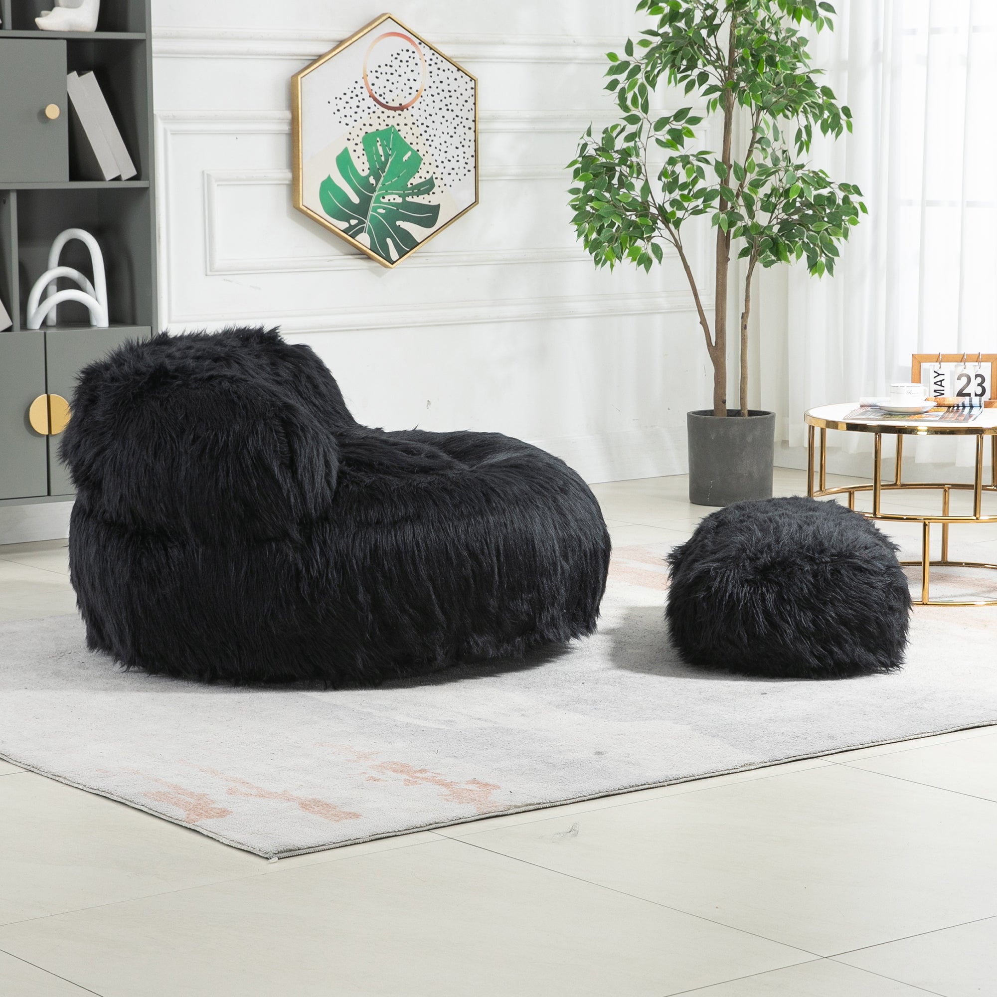 COOLMORE Bean Bag Chair with Ottoman - Black-American Furniture Outlet