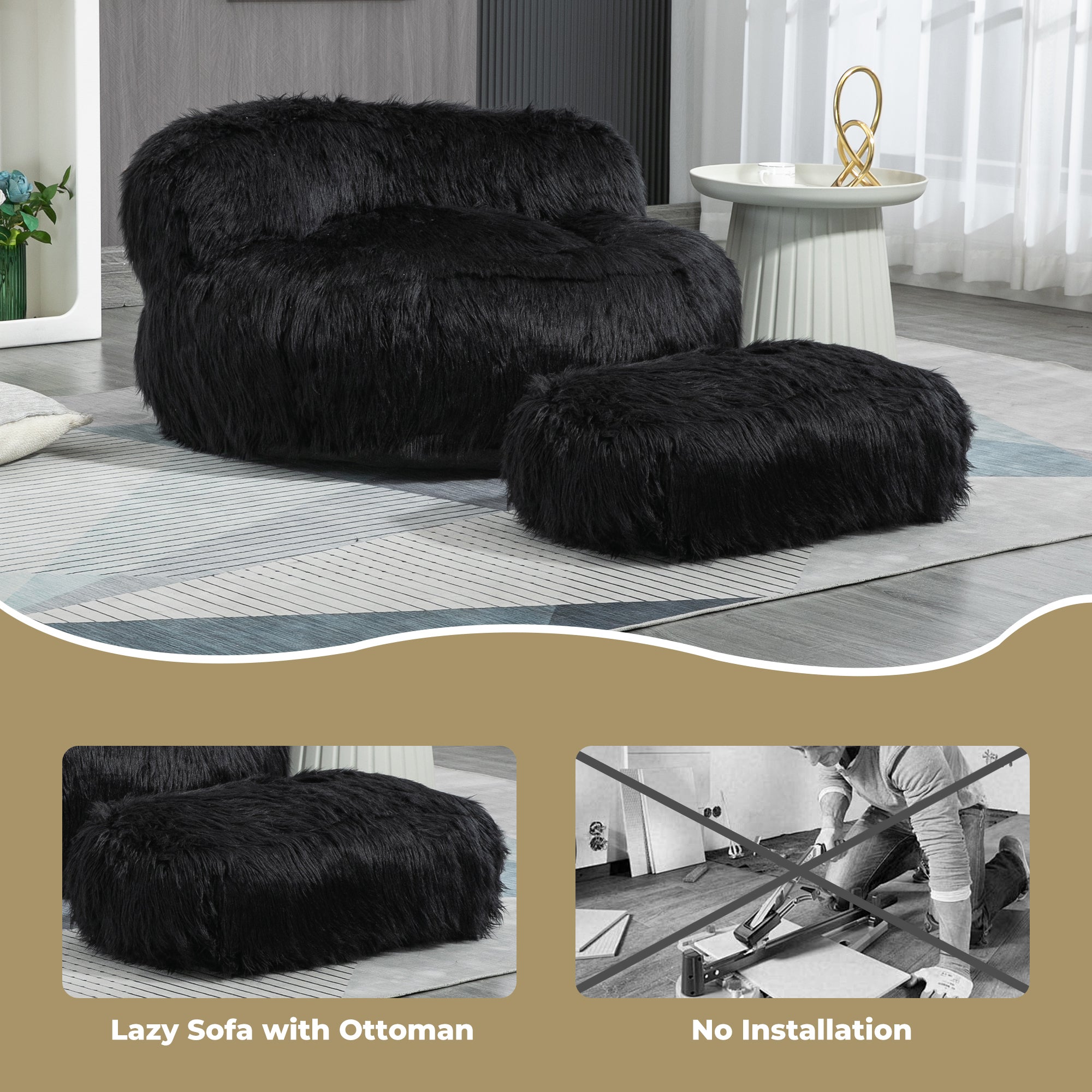 COOLMORE Bean Bag Chair with Ottoman - Black-American Furniture Outlet