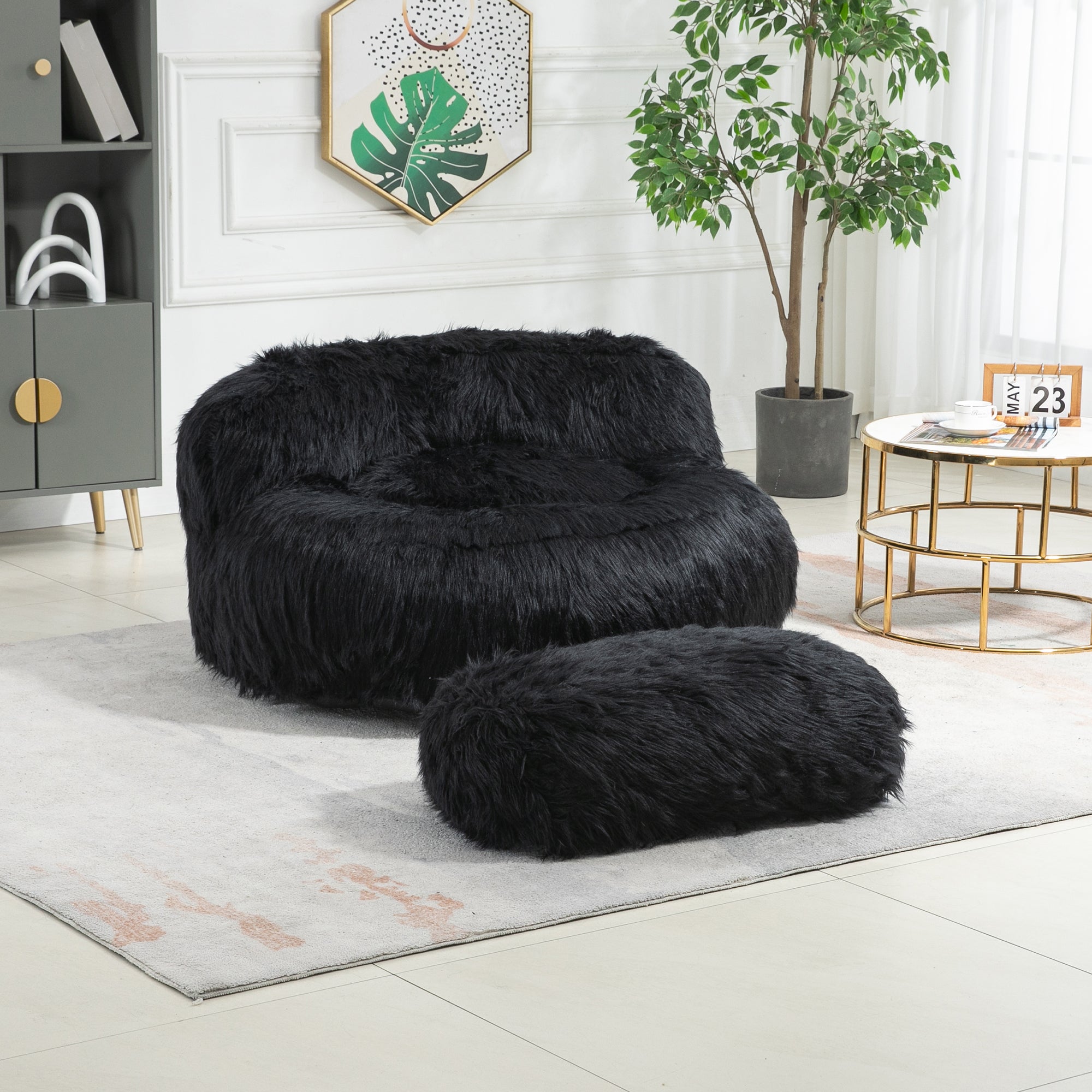 COOLMORE Bean Bag Chair with Ottoman - Black-American Furniture Outlet