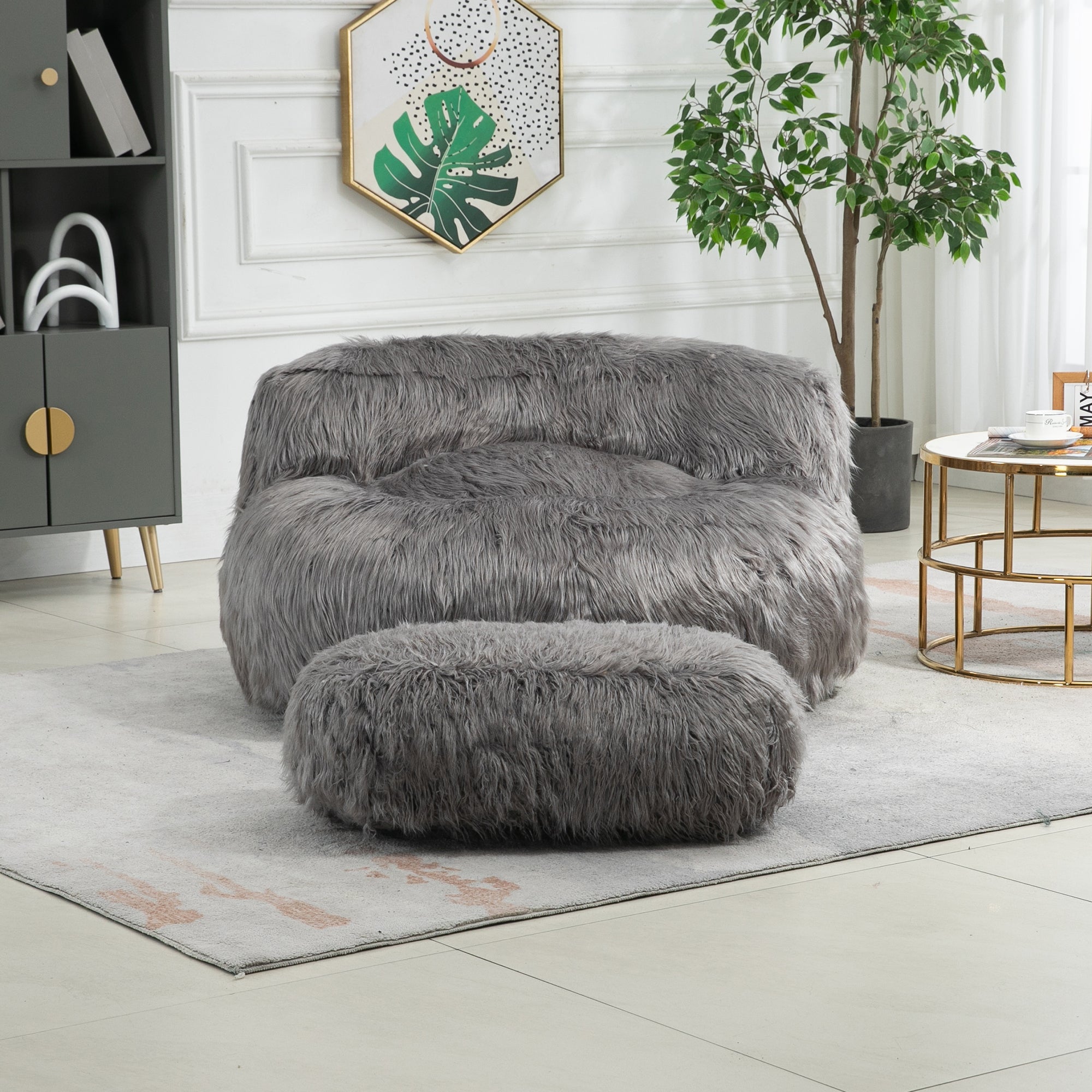 COOLMORE Bean Bag Chair with Ottoman - Gray-American Furniture Outlet