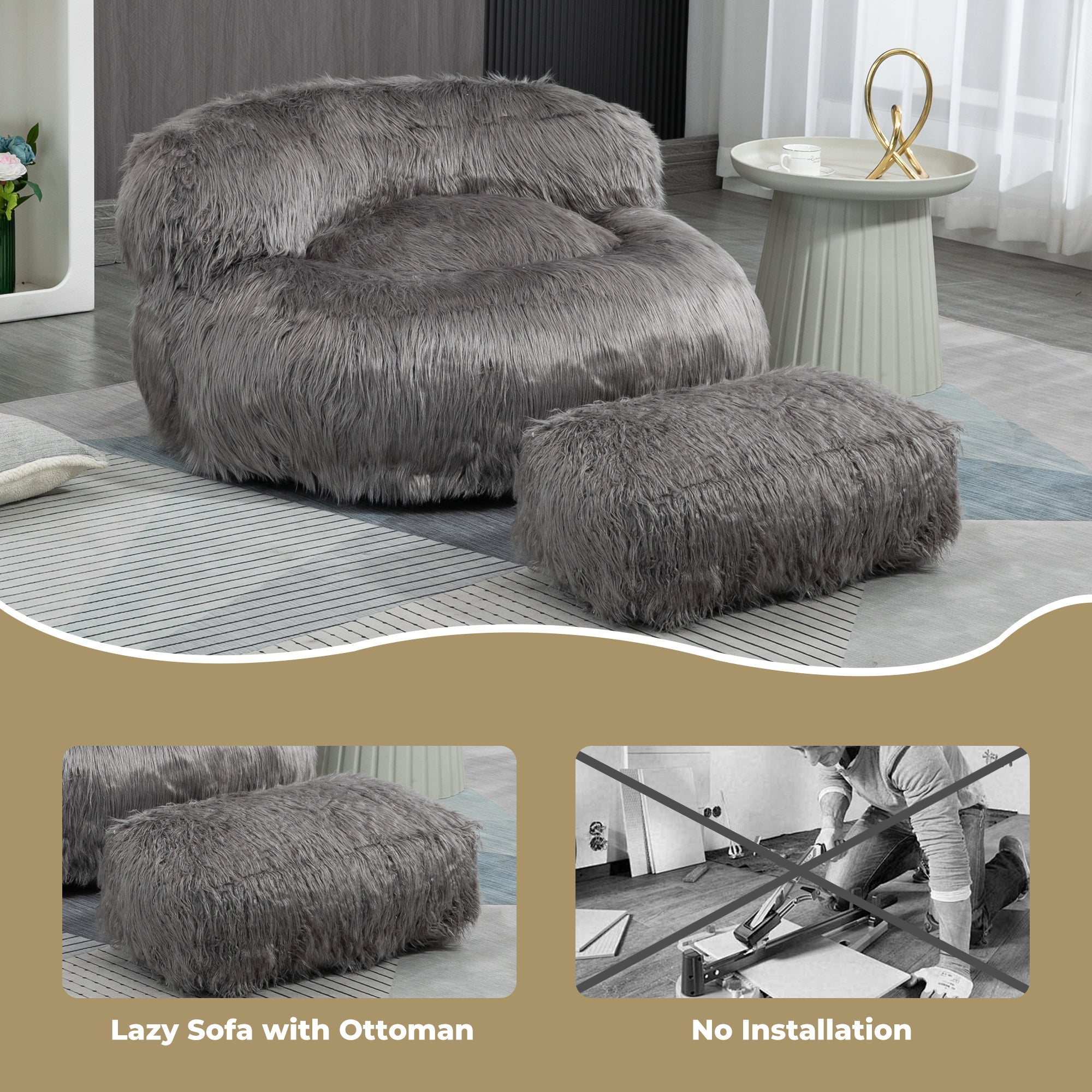 COOLMORE Bean Bag Chair with Ottoman - Gray-American Furniture Outlet