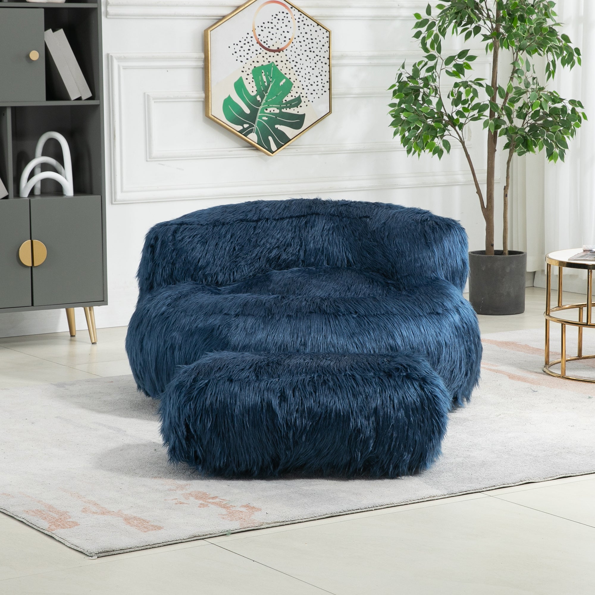 COOLMORE Bean Bag Chair with Ottoman - Navy-American Furniture Outlet